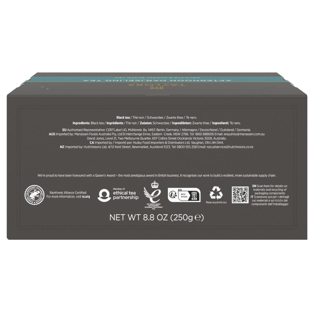 Taylors of Harrogate Afternoon Darjeeling, Black Tea, Individually Wrapped Bags 20 Count (Pack of 1), Delicate, Sweet & Floral, Caffeinated, Enjoy Hot or Iced, 20 Teabags