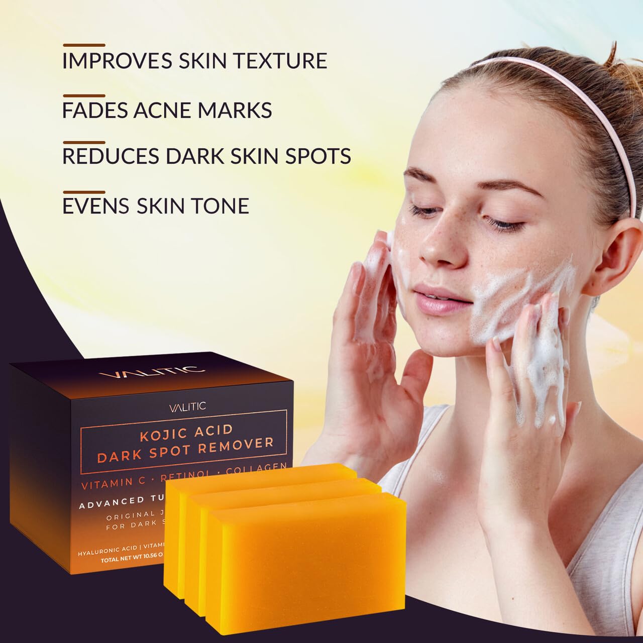 Valitic Kojic Acid Dark Spot Remover Soap Bar with Vitamin C, Retinol, Collagen, Turmeric - Original Japanese Complex - Hyaluronic Acid, Vitamin E, Shea Butter, Castile Oil ( 4 Pack ) With Soap Holder