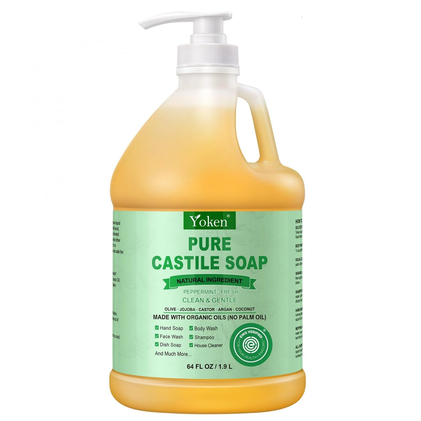Yoken Peppermint Castile Soap Liquid (EWG Verified, 32 OZ) Made with Certified Organic Oils, Gentle Peppermint Soap for Body Wash, Face, Hands, Dishes, Laundry & More, Vegan Natural Versatile Cleanser