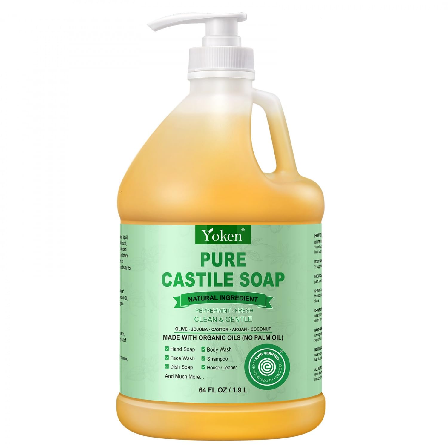 Yoken Peppermint Castile Soap Liquid (EWG Verified, 32 OZ) Made with Certified Organic Oils, Gentle Peppermint Soap for Body Wash, Face, Hands, Dishes, Laundry & More, Vegan Natural Versatile Cleanser