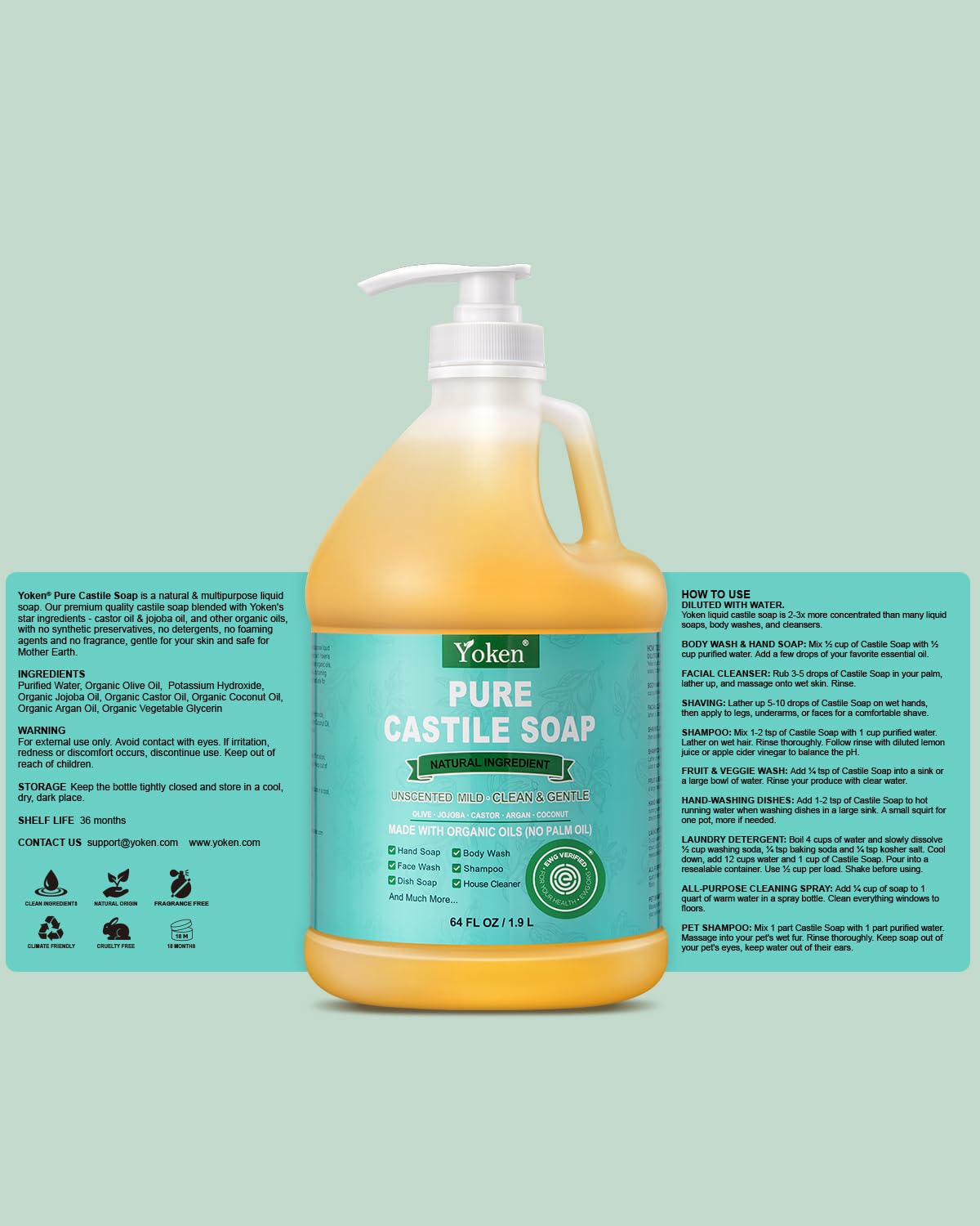 Yoken Peppermint Castile Soap Liquid (EWG Verified, 32 OZ) Made with Certified Organic Oils, Gentle Peppermint Soap for Body Wash, Face, Hands, Dishes, Laundry & More, Vegan Natural Versatile Cleanser
