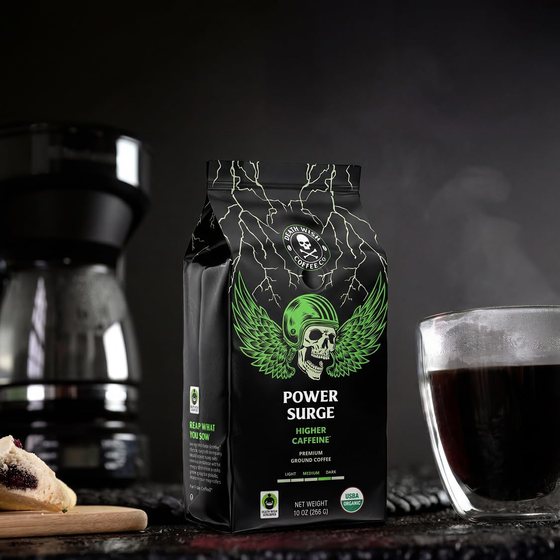 Death Wish Coffee, Organic and Fair Trade Dark Roast Ground Coffee, 16 oz