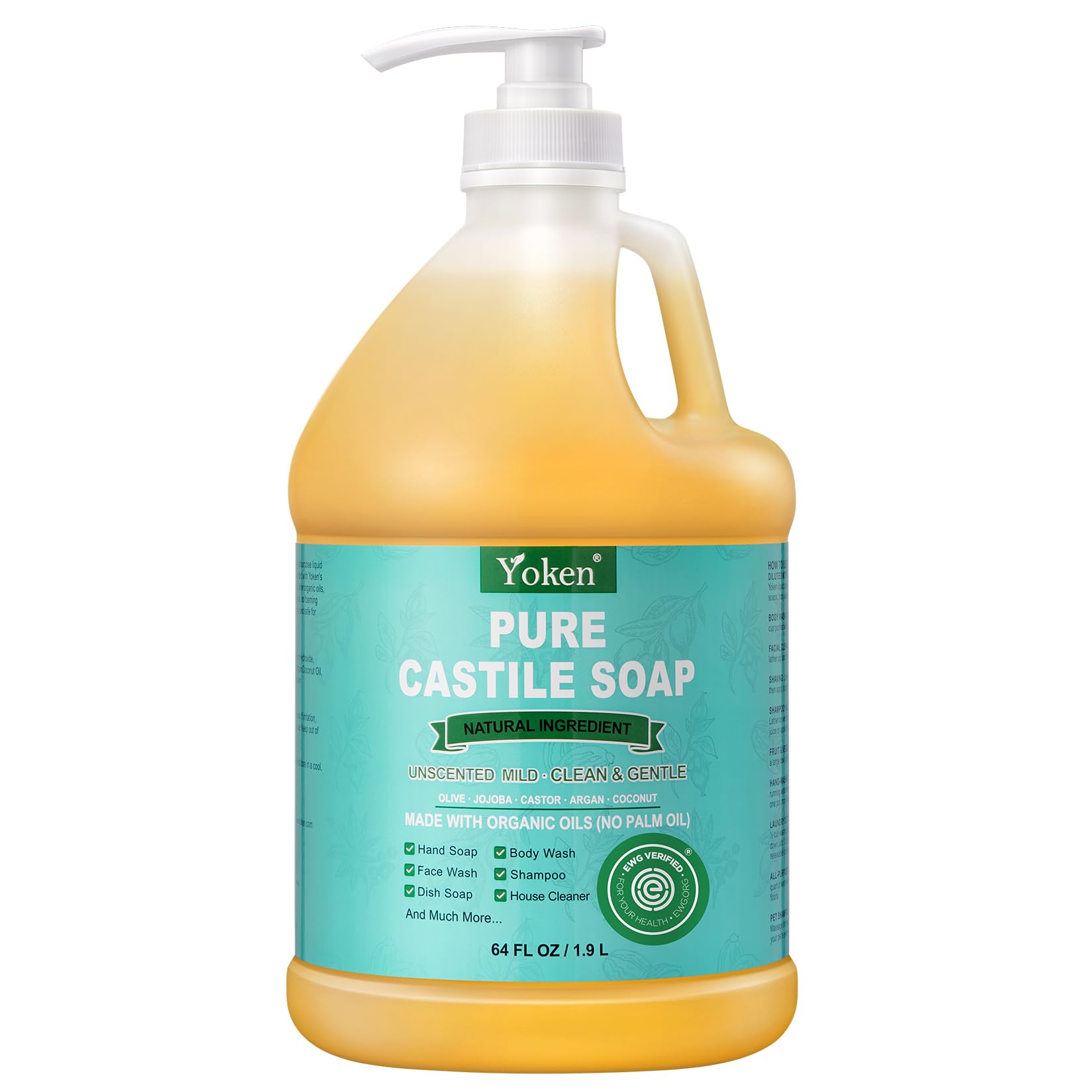 Yoken Peppermint Castile Soap Liquid (EWG Verified, 32 OZ) Made with Certified Organic Oils, Gentle Peppermint Soap for Body Wash, Face, Hands, Dishes, Laundry & More, Vegan Natural Versatile Cleanser