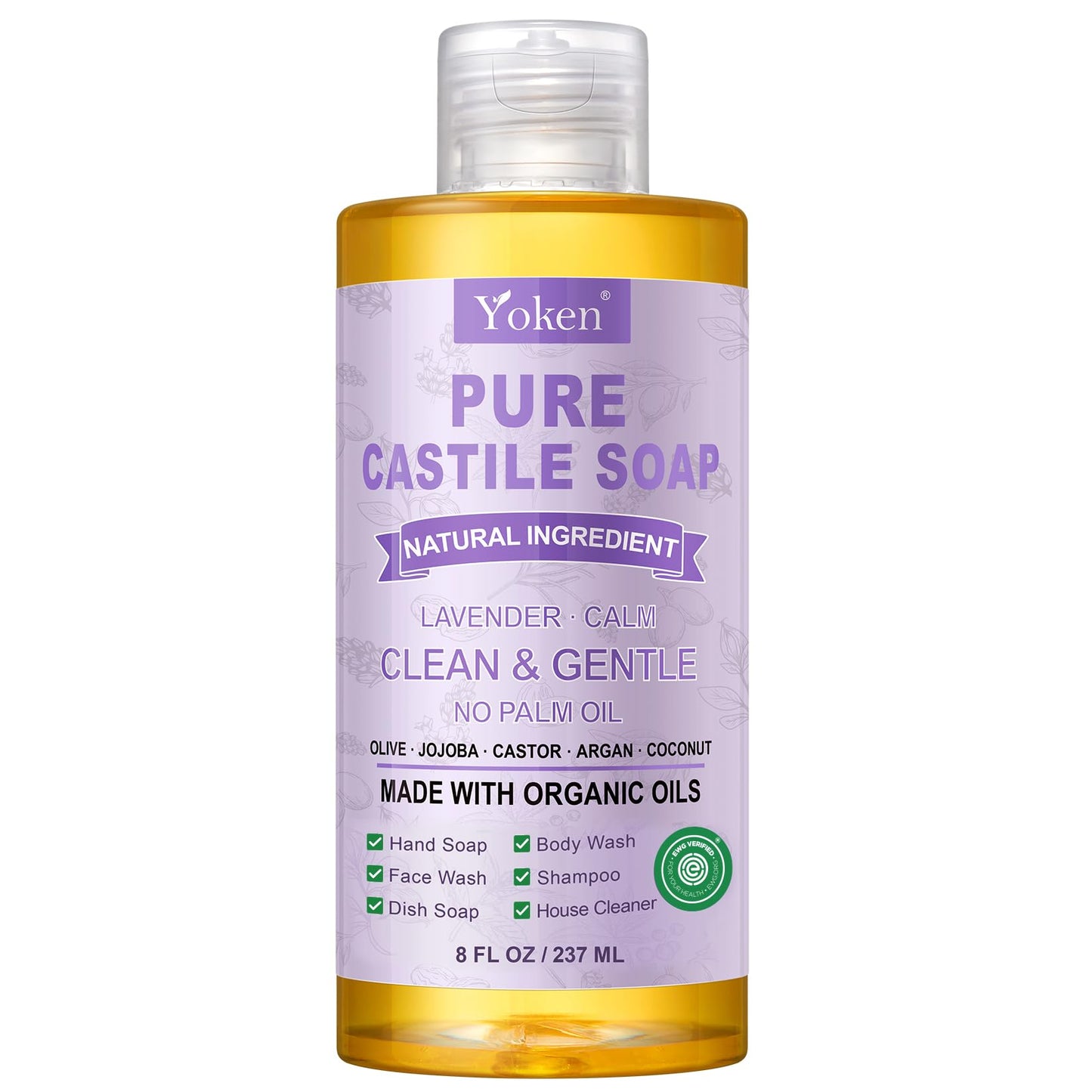 Yoken Peppermint Castile Soap Liquid (EWG Verified, 32 OZ) Made with Certified Organic Oils, Gentle Peppermint Soap for Body Wash, Face, Hands, Dishes, Laundry & More, Vegan Natural Versatile Cleanser