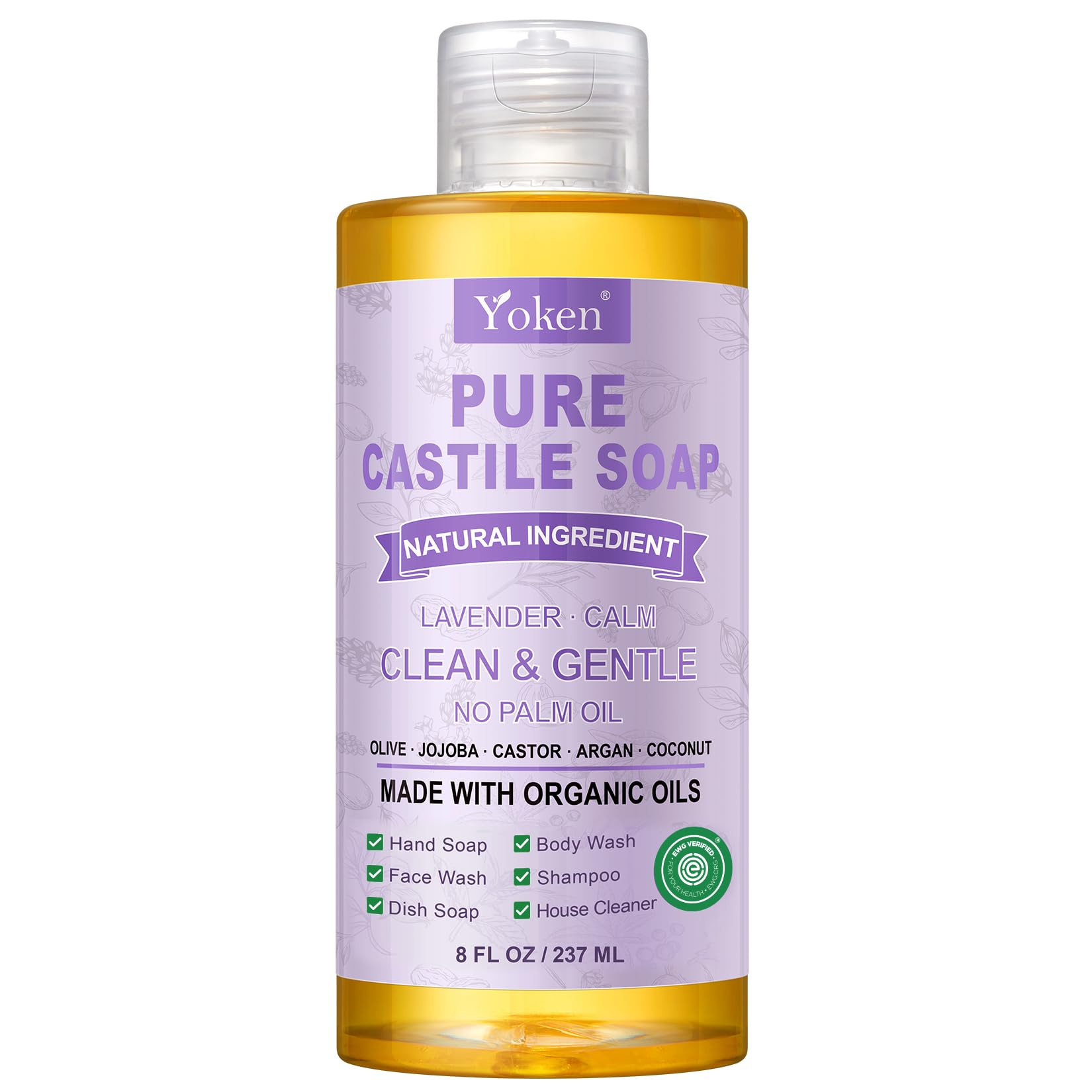 Yoken Peppermint Castile Soap Liquid (EWG Verified, 32 OZ) Made with Certified Organic Oils, Gentle Peppermint Soap for Body Wash, Face, Hands, Dishes, Laundry & More, Vegan Natural Versatile Cleanser