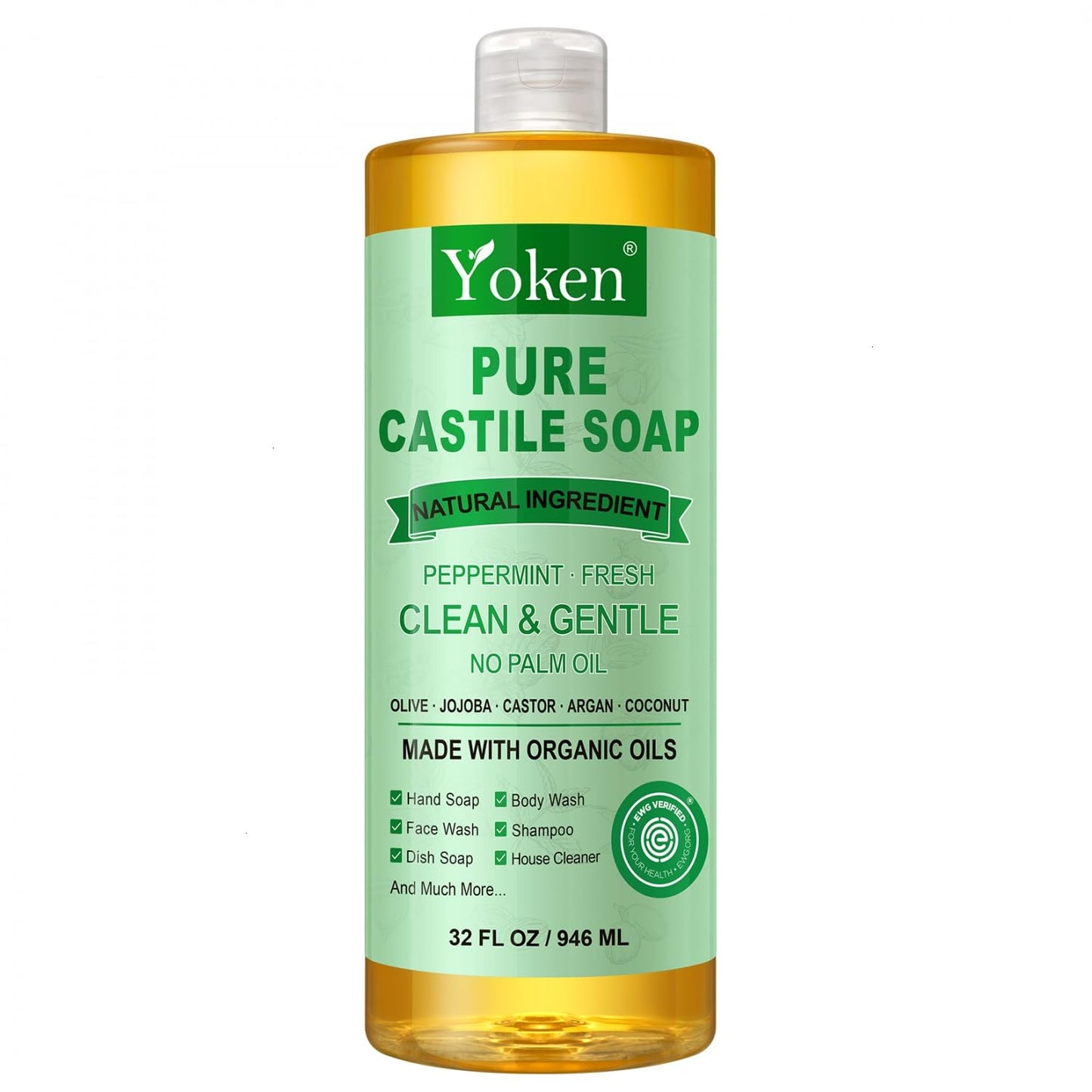 Yoken Peppermint Castile Soap Liquid (EWG Verified, 32 OZ) Made with Certified Organic Oils, Gentle Peppermint Soap for Body Wash, Face, Hands, Dishes, Laundry & More, Vegan Natural Versatile Cleanser