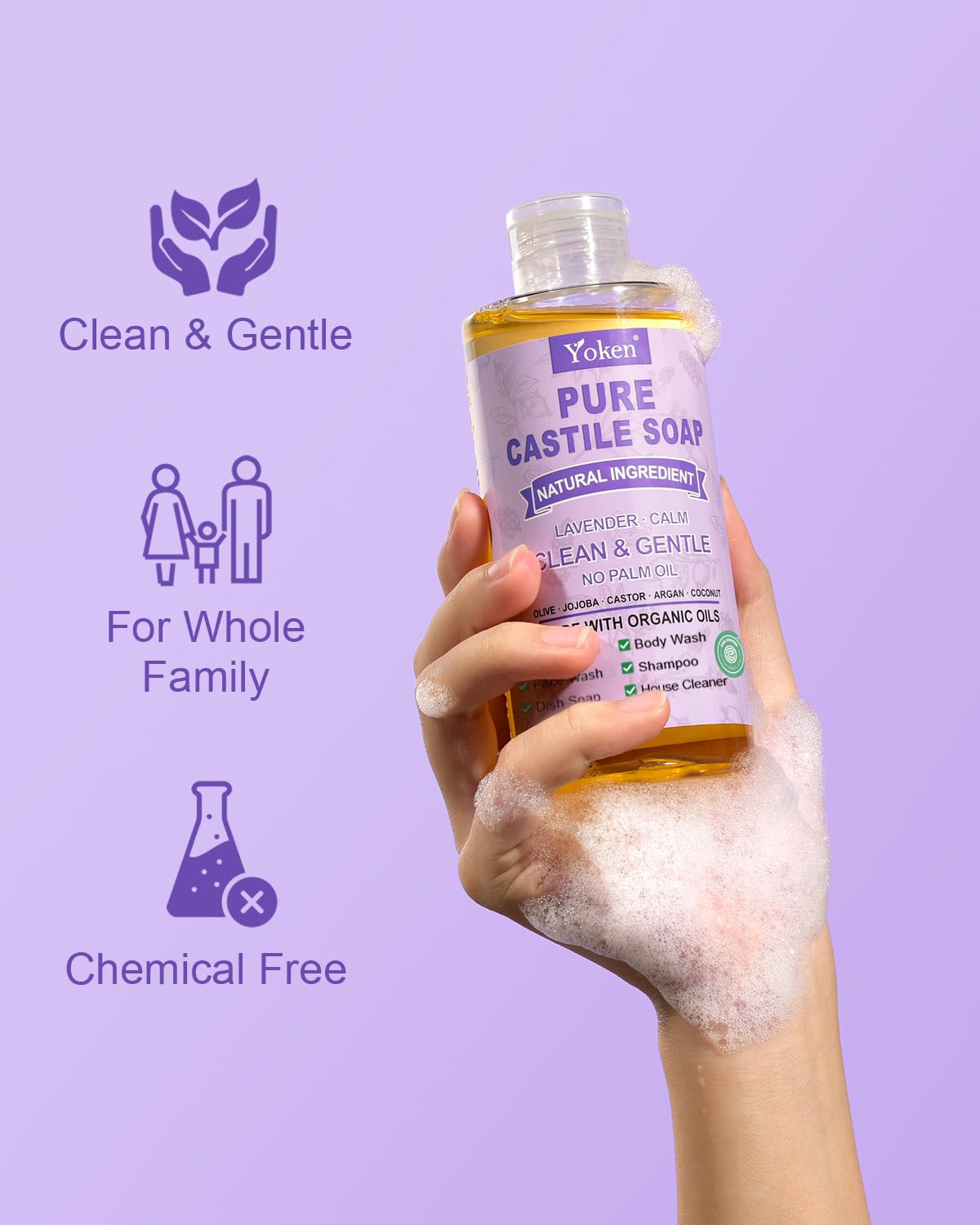 Yoken Peppermint Castile Soap Liquid (EWG Verified, 32 OZ) Made with Certified Organic Oils, Gentle Peppermint Soap for Body Wash, Face, Hands, Dishes, Laundry & More, Vegan Natural Versatile Cleanser