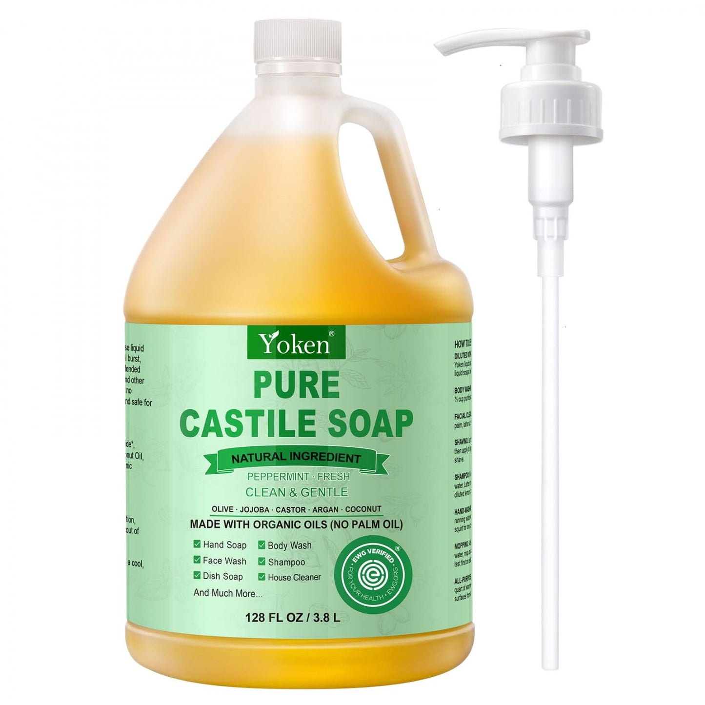 Yoken Peppermint Castile Soap Liquid (EWG Verified, 32 OZ) Made with Certified Organic Oils, Gentle Peppermint Soap for Body Wash, Face, Hands, Dishes, Laundry & More, Vegan Natural Versatile Cleanser