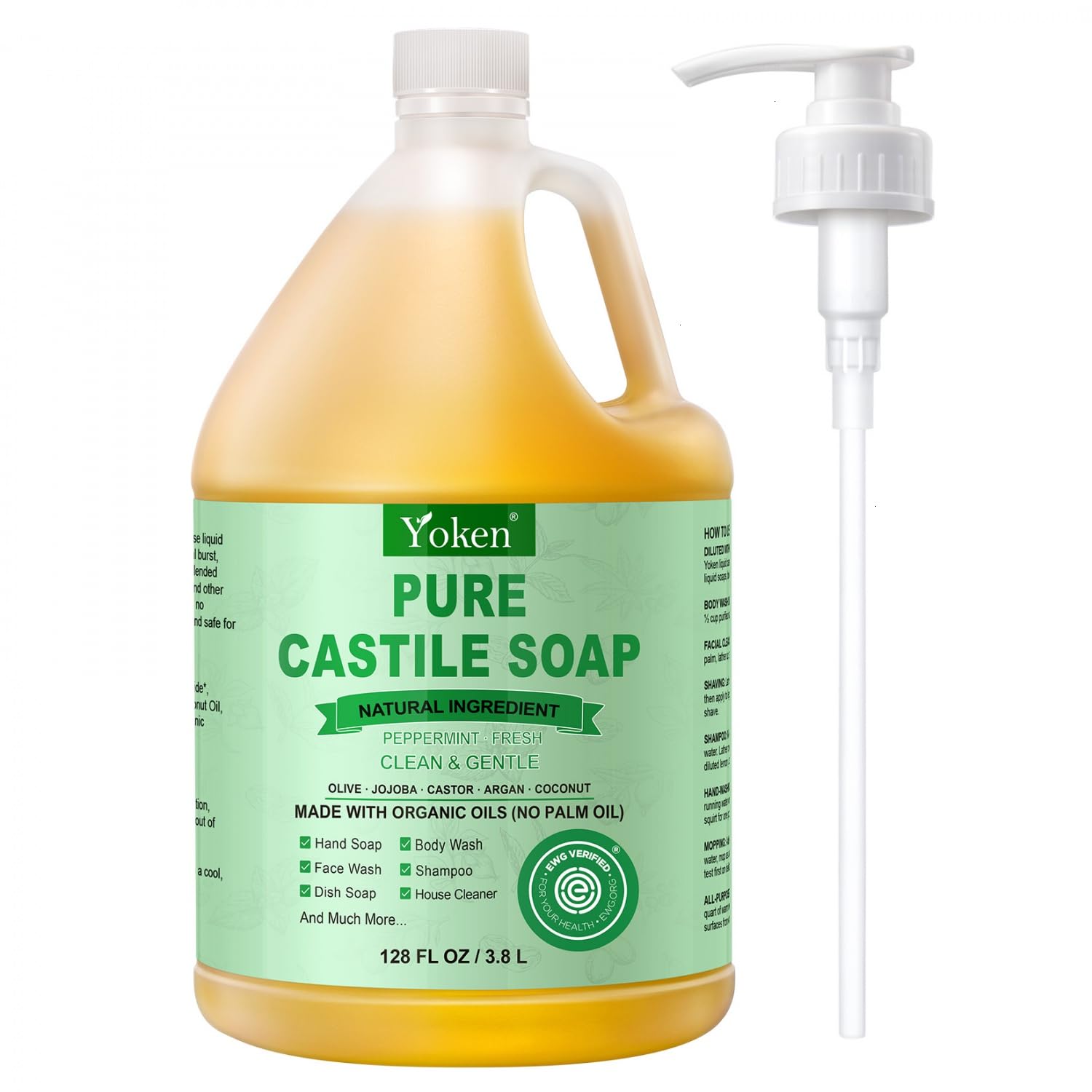 Yoken Peppermint Castile Soap Liquid (EWG Verified, 32 OZ) Made with Certified Organic Oils, Gentle Peppermint Soap for Body Wash, Face, Hands, Dishes, Laundry & More, Vegan Natural Versatile Cleanser