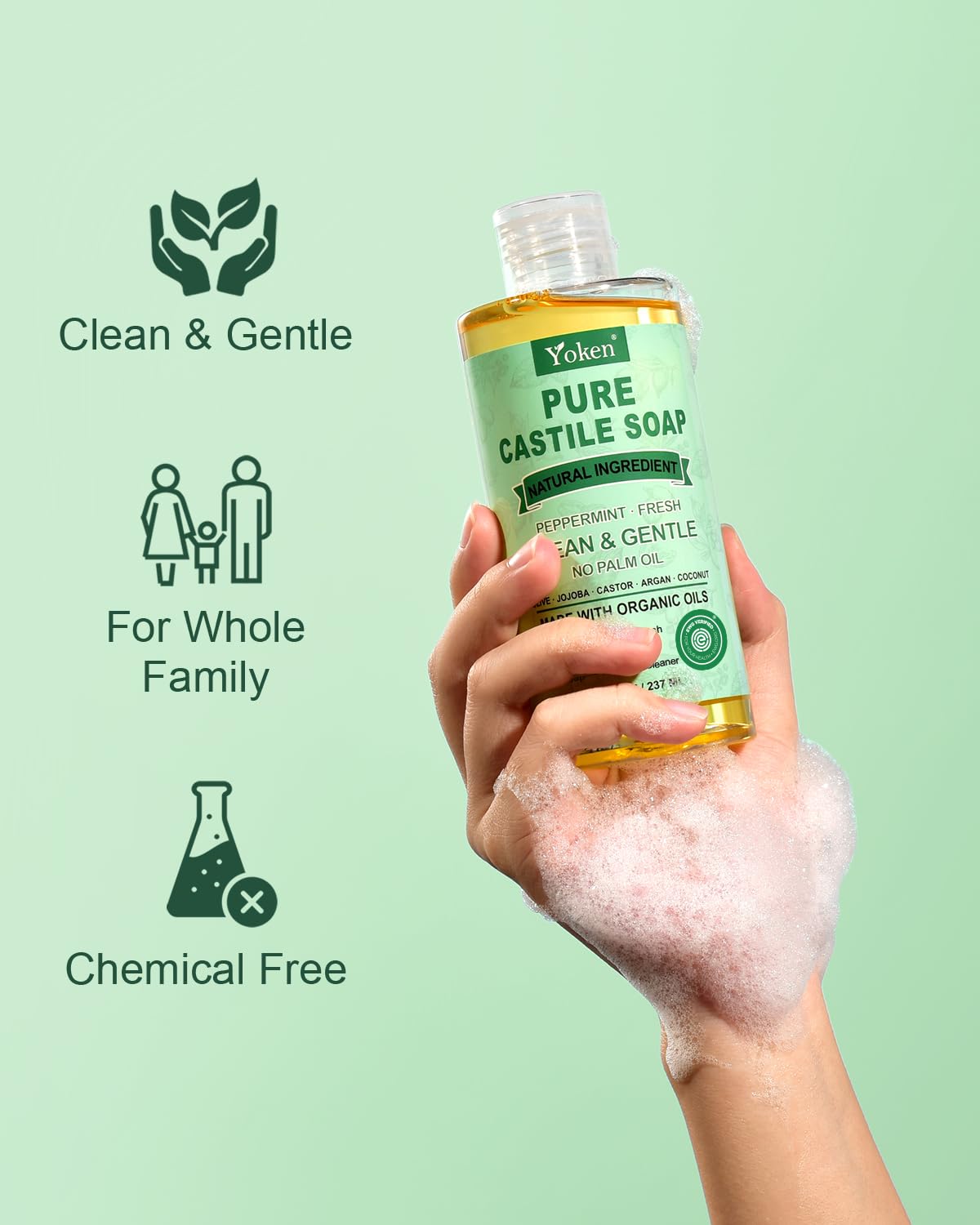 Yoken Peppermint Castile Soap Liquid (EWG Verified, 32 OZ) Made with Certified Organic Oils, Gentle Peppermint Soap for Body Wash, Face, Hands, Dishes, Laundry & More, Vegan Natural Versatile Cleanser