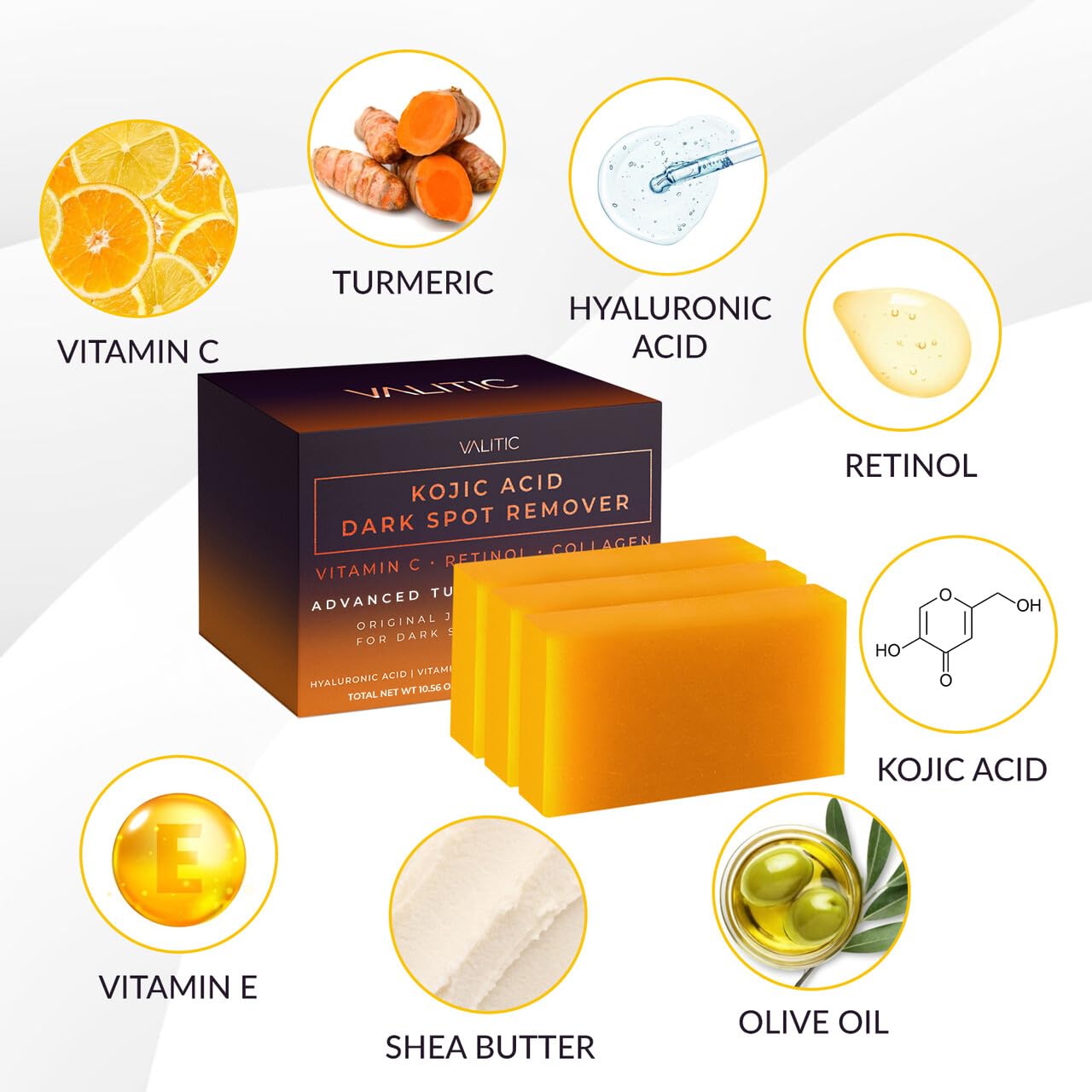 Valitic Kojic Acid Dark Spot Remover Soap Bar with Vitamin C, Retinol, Collagen, Turmeric - Original Japanese Complex - Hyaluronic Acid, Vitamin E, Shea Butter, Castile Oil ( 4 Pack ) With Soap Holder