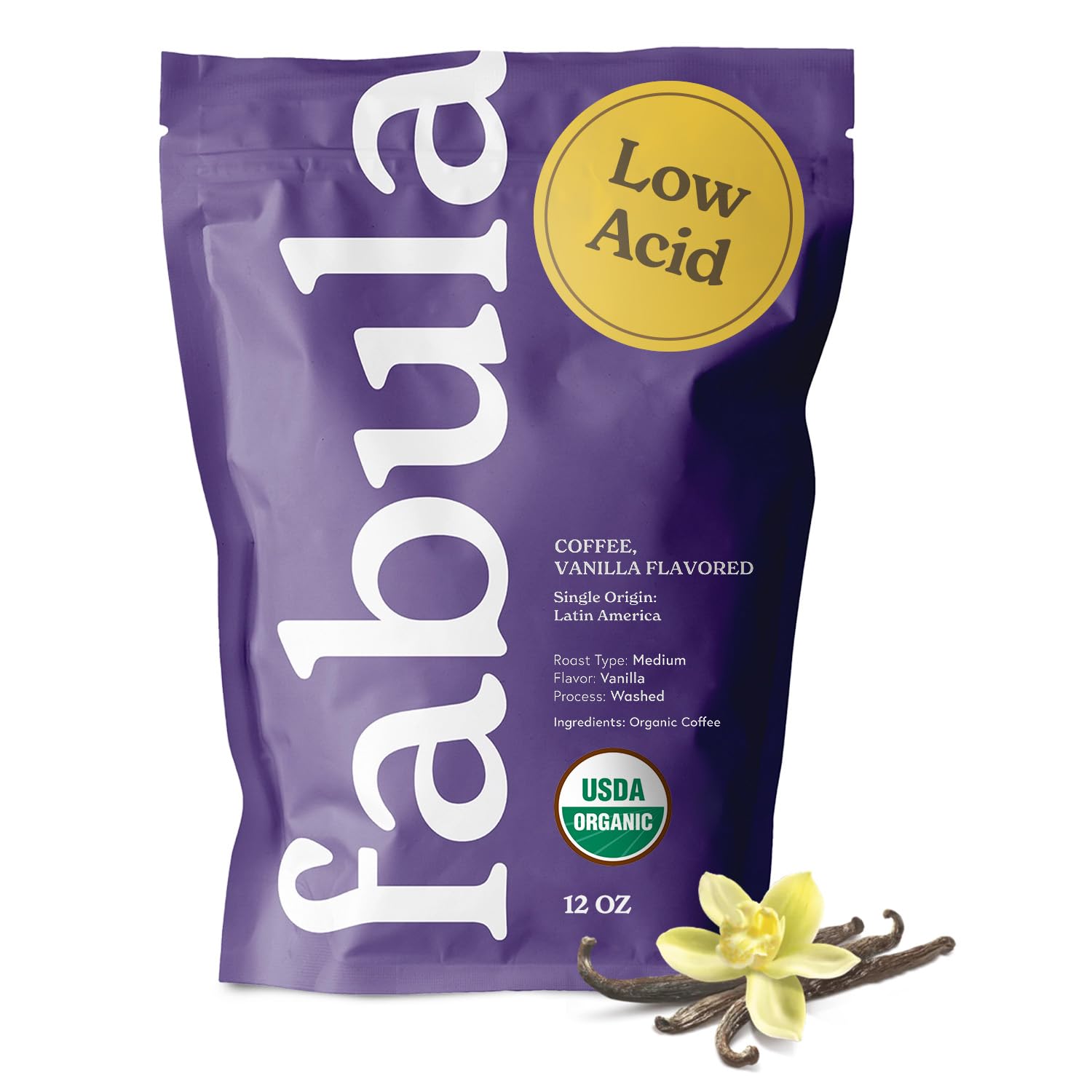 Fabula Low Acid Coffee, USDA Organic Ground Coffee Medium Roast - Non GMO - No Molds - Mycotoxins Pesticides Free - Single Origin Coffee - 12 oz