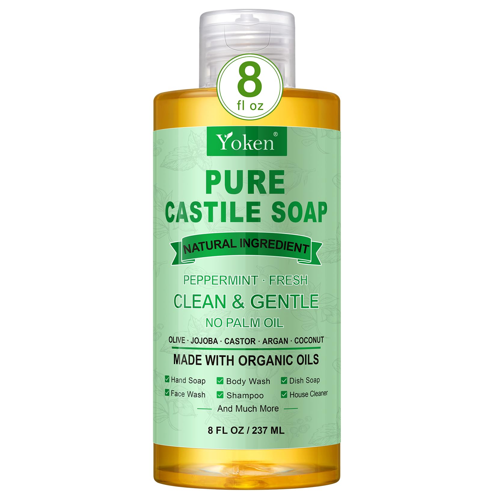 Yoken Peppermint Castile Soap Liquid (EWG Verified, 32 OZ) Made with Certified Organic Oils, Gentle Peppermint Soap for Body Wash, Face, Hands, Dishes, Laundry & More, Vegan Natural Versatile Cleanser