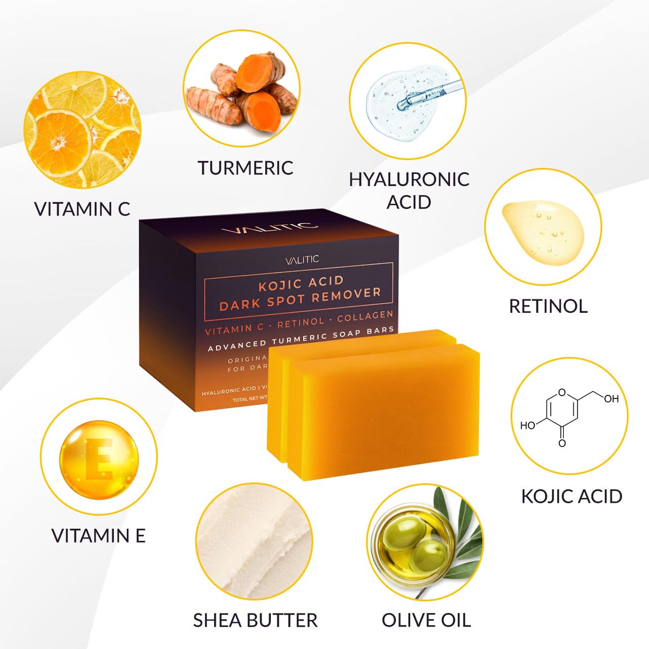 Valitic Kojic Acid Dark Spot Remover Soap Bar with Vitamin C, Retinol, Collagen, Turmeric - Original Japanese Complex - Hyaluronic Acid, Vitamin E, Shea Butter, Castile Oil ( 4 Pack ) With Soap Holder
