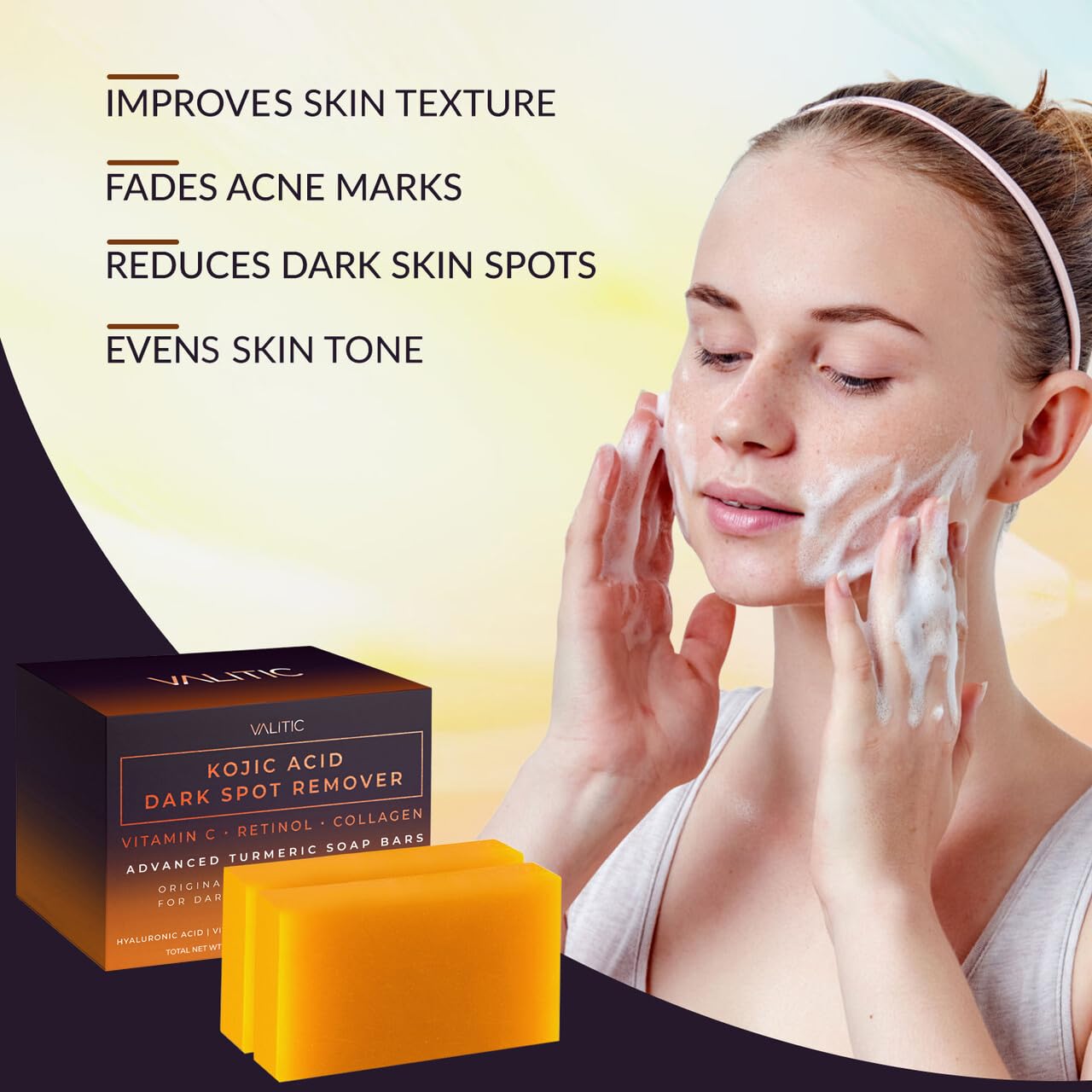Valitic Kojic Acid Dark Spot Remover Soap Bar with Vitamin C, Retinol, Collagen, Turmeric - Original Japanese Complex - Hyaluronic Acid, Vitamin E, Shea Butter, Castile Oil ( 4 Pack ) With Soap Holder