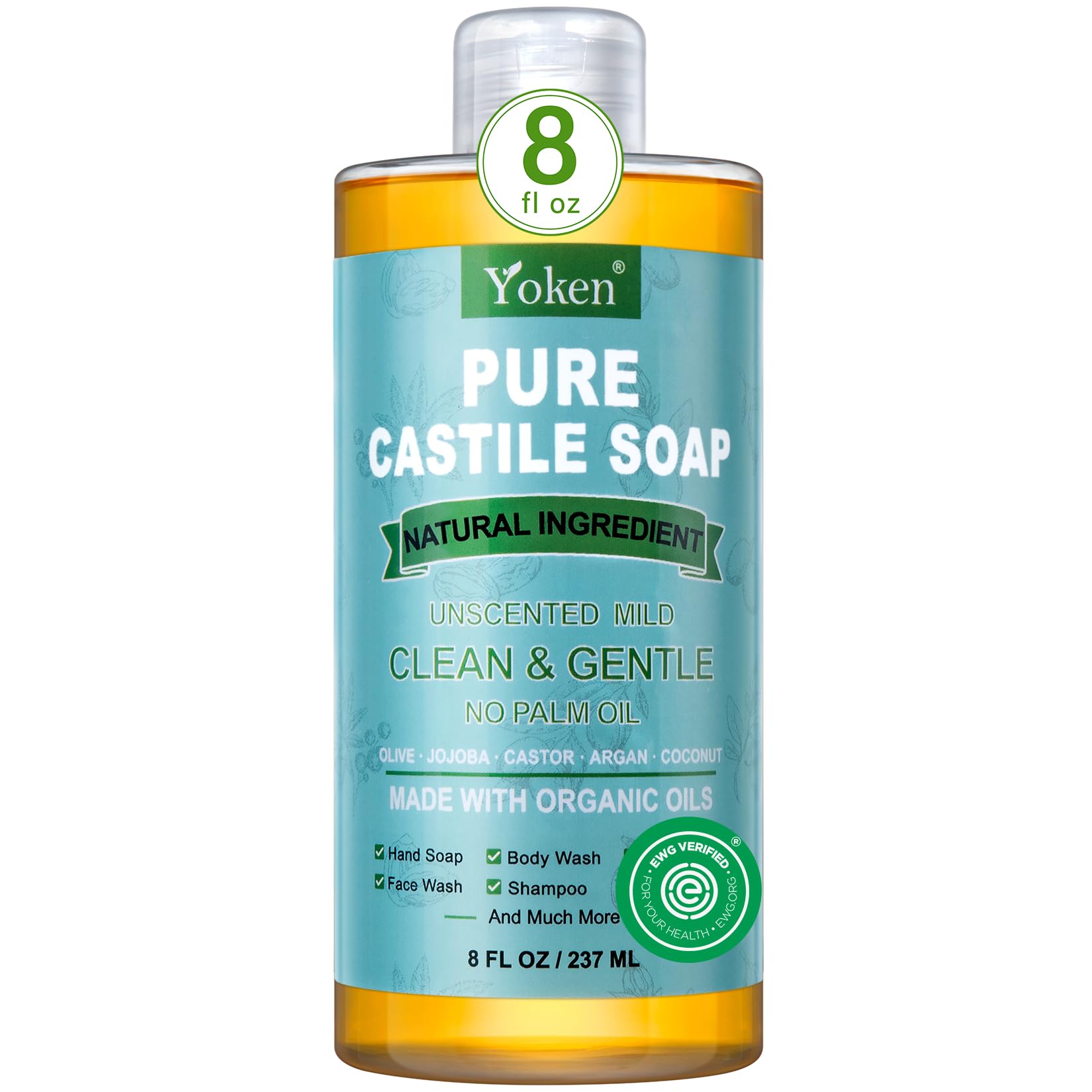 Yoken Peppermint Castile Soap Liquid (EWG Verified, 32 OZ) Made with Certified Organic Oils, Gentle Peppermint Soap for Body Wash, Face, Hands, Dishes, Laundry & More, Vegan Natural Versatile Cleanser