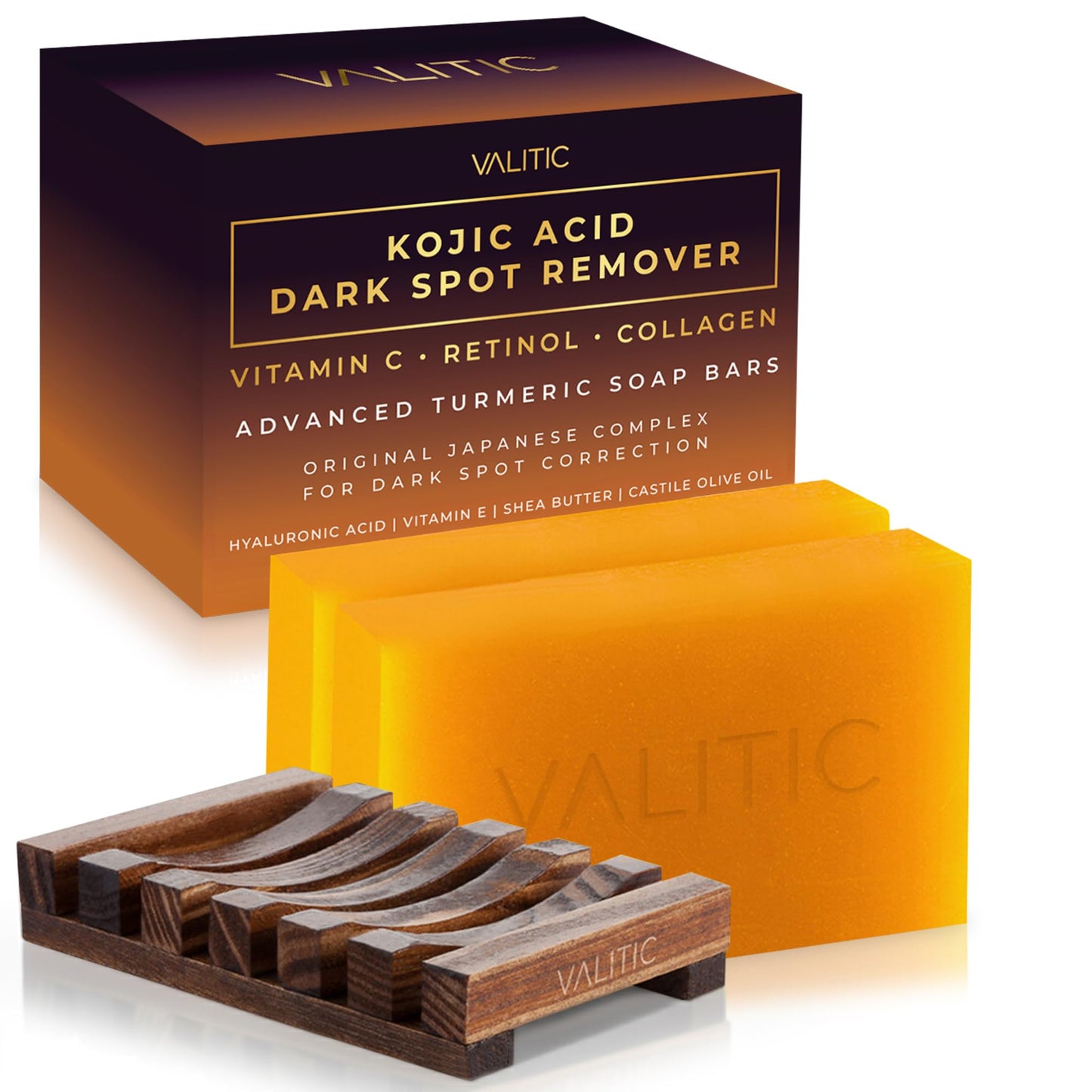 Valitic Kojic Acid Dark Spot Remover Soap Bar with Vitamin C, Retinol, Collagen, Turmeric - Original Japanese Complex - Hyaluronic Acid, Vitamin E, Shea Butter, Castile Oil ( 4 Pack ) With Soap Holder