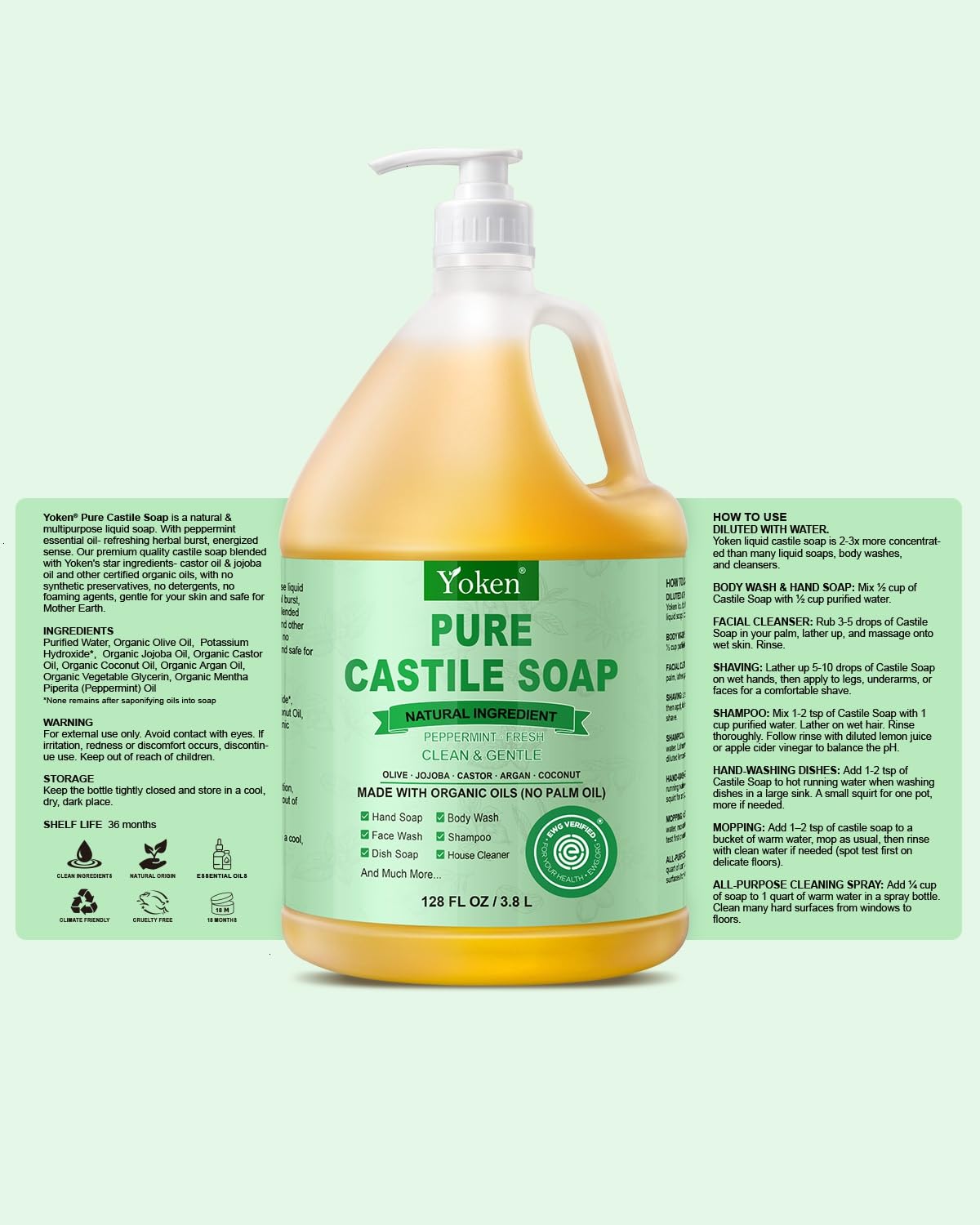 Yoken Peppermint Castile Soap Liquid (EWG Verified, 32 OZ) Made with Certified Organic Oils, Gentle Peppermint Soap for Body Wash, Face, Hands, Dishes, Laundry & More, Vegan Natural Versatile Cleanser