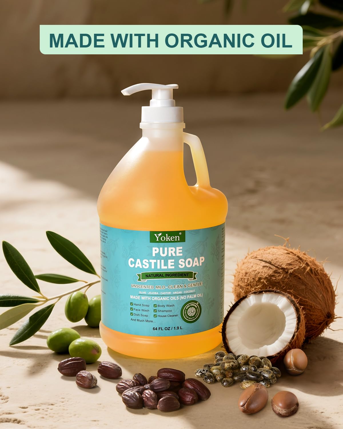 Yoken Peppermint Castile Soap Liquid (EWG Verified, 32 OZ) Made with Certified Organic Oils, Gentle Peppermint Soap for Body Wash, Face, Hands, Dishes, Laundry & More, Vegan Natural Versatile Cleanser