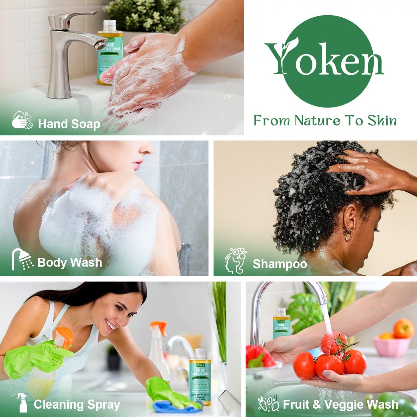 Yoken Peppermint Castile Soap Liquid (EWG Verified, 32 OZ) Made with Certified Organic Oils, Gentle Peppermint Soap for Body Wash, Face, Hands, Dishes, Laundry & More, Vegan Natural Versatile Cleanser