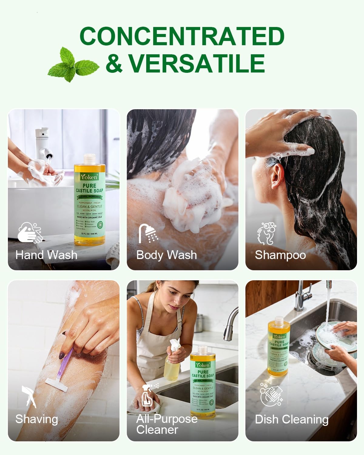 Yoken Peppermint Castile Soap Liquid (EWG Verified, 32 OZ) Made with Certified Organic Oils, Gentle Peppermint Soap for Body Wash, Face, Hands, Dishes, Laundry & More, Vegan Natural Versatile Cleanser