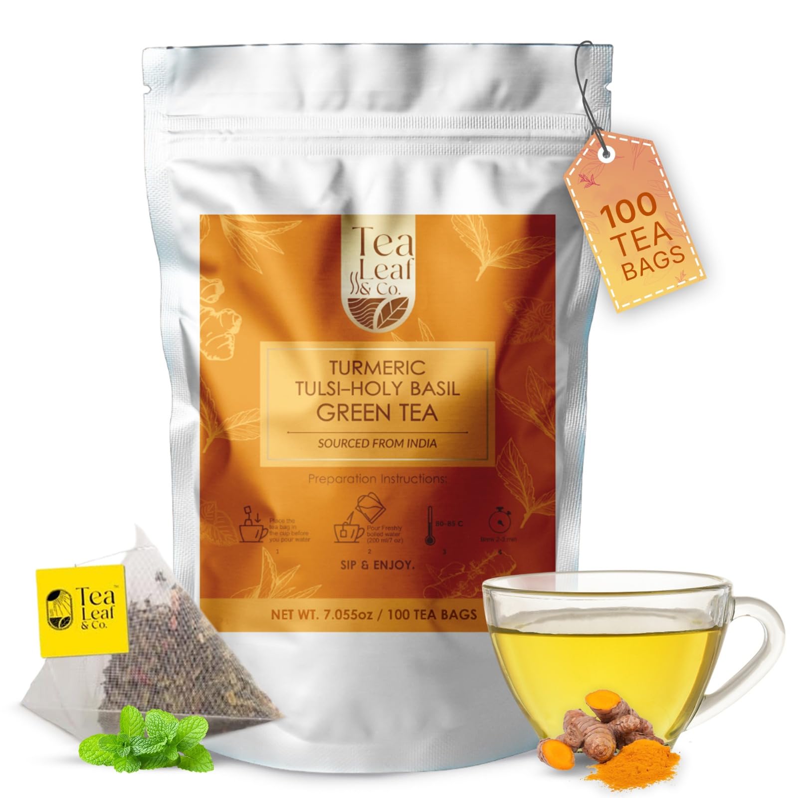 Tea Leaf & Co. Mint Green Tea Bags (50), Green Tea w/ Peppermint & Spearmint, Caffeinated, Real & Natural Green Tea, Blended with Fresh Herbs & Spices