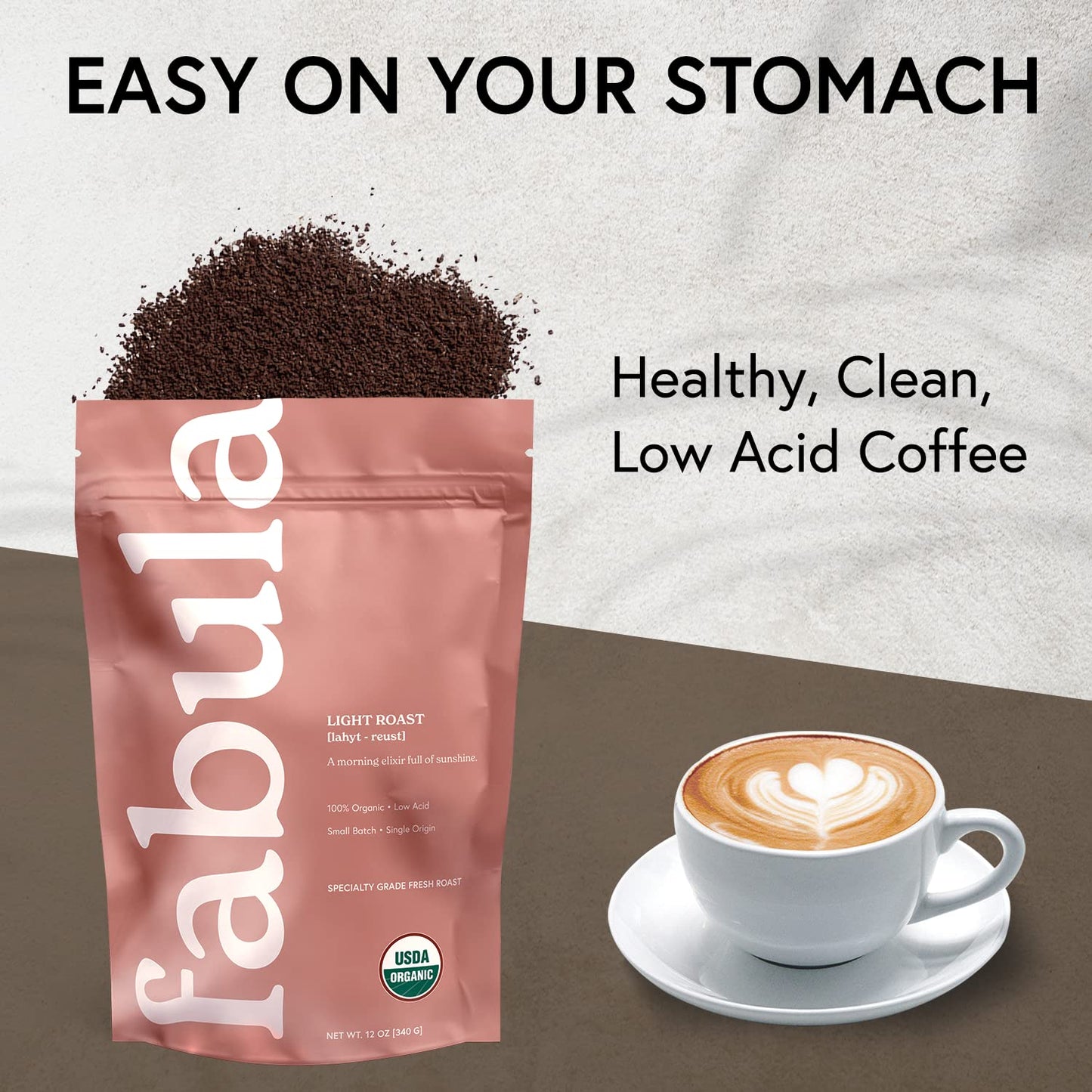 Fabula Low Acid Coffee, USDA Organic Ground Coffee Medium Roast - Non GMO - No Molds - Mycotoxins Pesticides Free - Single Origin Coffee - 12 oz