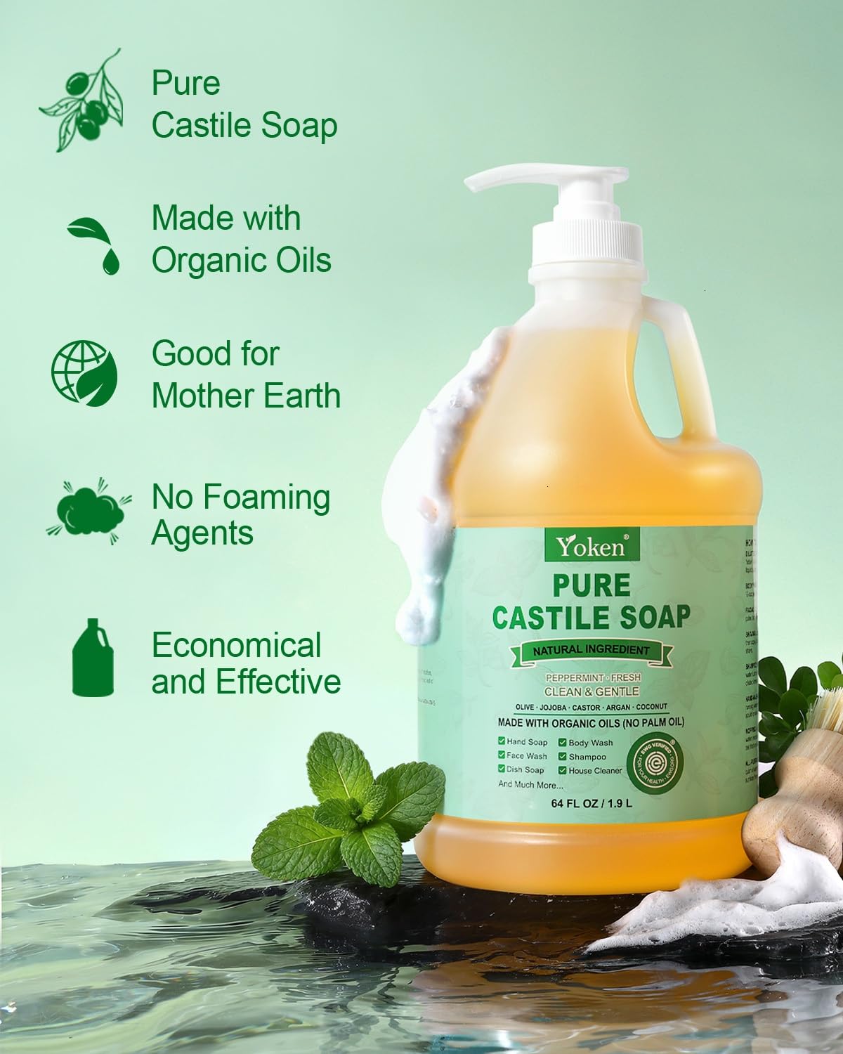 Yoken Peppermint Castile Soap Liquid (EWG Verified, 32 OZ) Made with Certified Organic Oils, Gentle Peppermint Soap for Body Wash, Face, Hands, Dishes, Laundry & More, Vegan Natural Versatile Cleanser