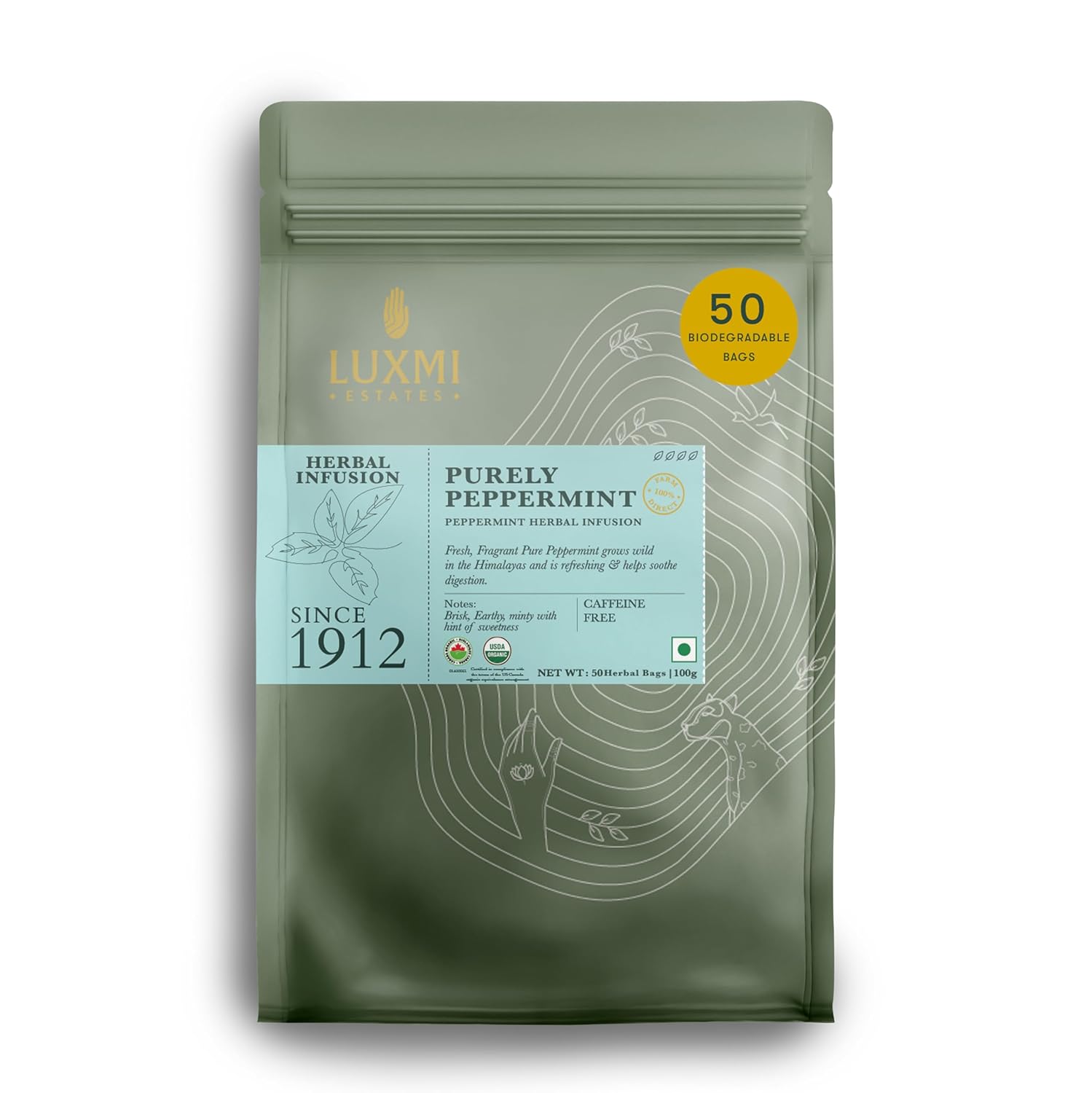 Luxmi Estates Purely Peppermint Tea Bags (50 count) | USDA Certified Organic Caffeine Free Herbal Tea | Mint Tea Best for Night Time
