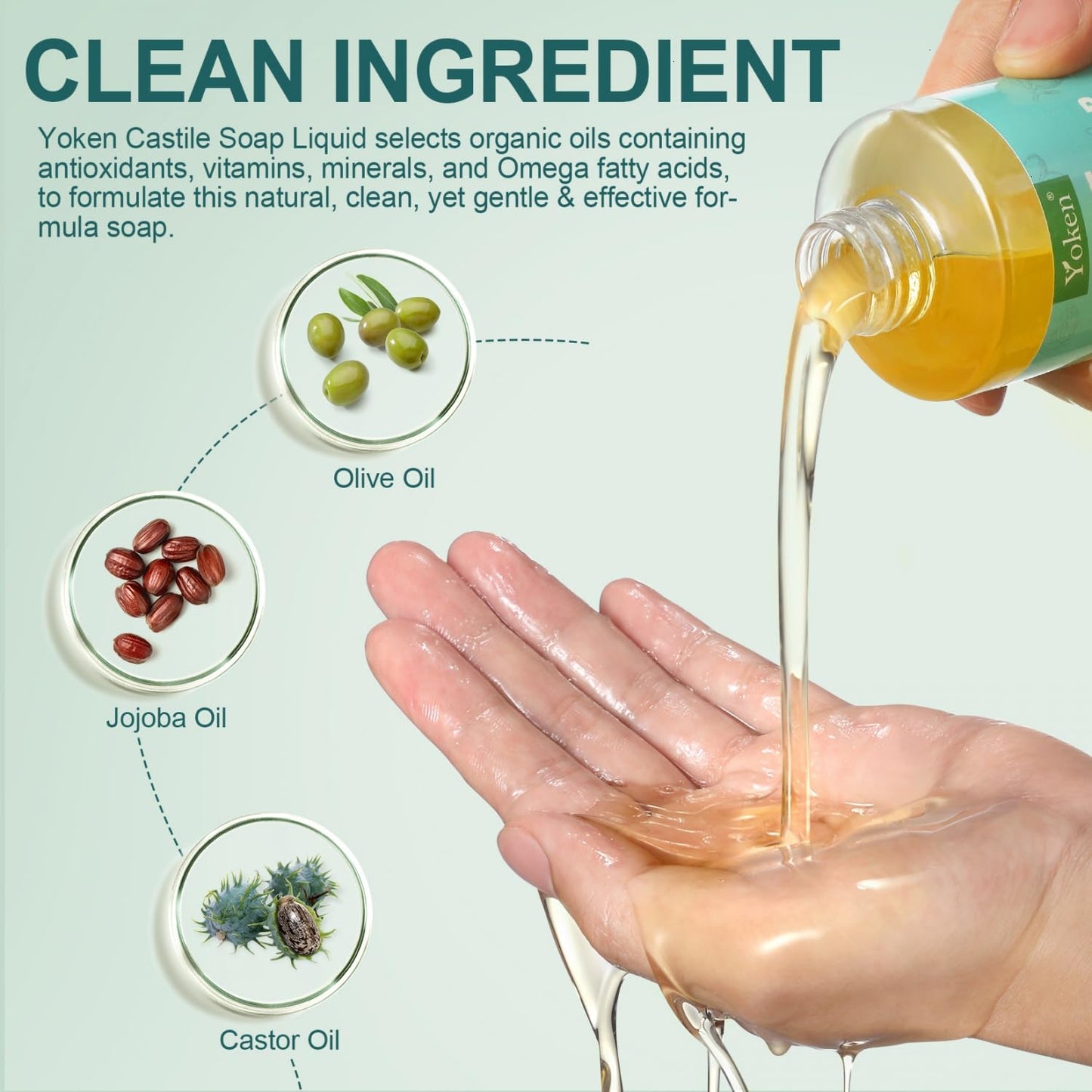 Yoken Peppermint Castile Soap Liquid (EWG Verified, 32 OZ) Made with Certified Organic Oils, Gentle Peppermint Soap for Body Wash, Face, Hands, Dishes, Laundry & More, Vegan Natural Versatile Cleanser