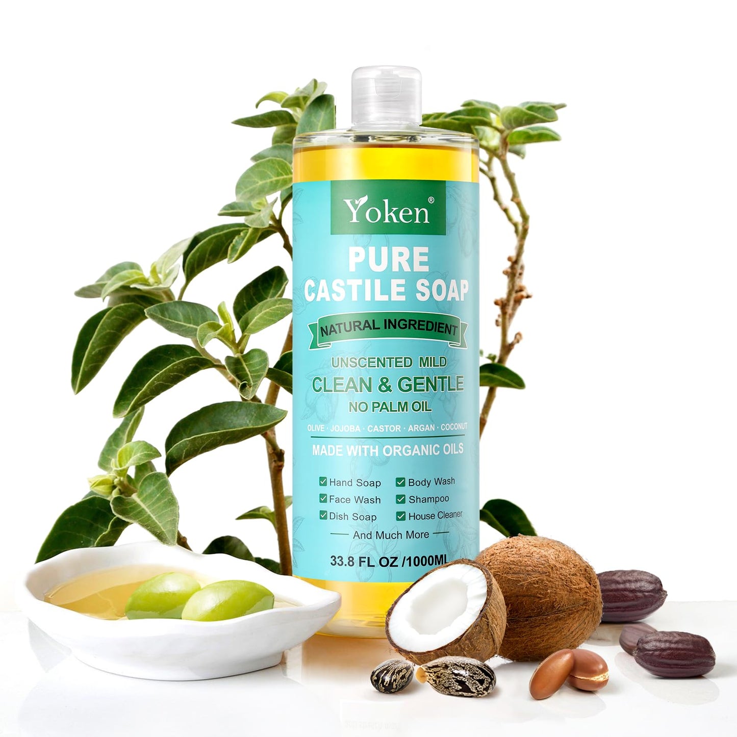 Yoken Peppermint Castile Soap Liquid (EWG Verified, 32 OZ) Made with Certified Organic Oils, Gentle Peppermint Soap for Body Wash, Face, Hands, Dishes, Laundry & More, Vegan Natural Versatile Cleanser