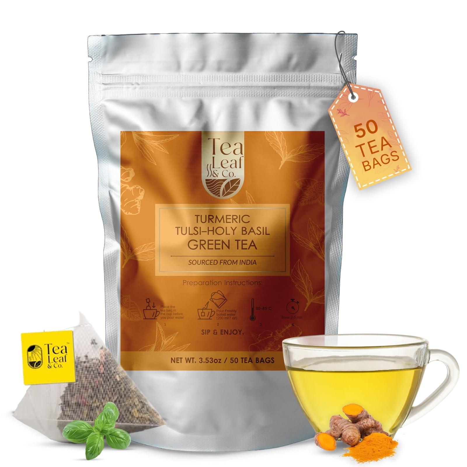 Tea Leaf & Co. Mint Green Tea Bags (50), Green Tea w/ Peppermint & Spearmint, Caffeinated, Real & Natural Green Tea, Blended with Fresh Herbs & Spices