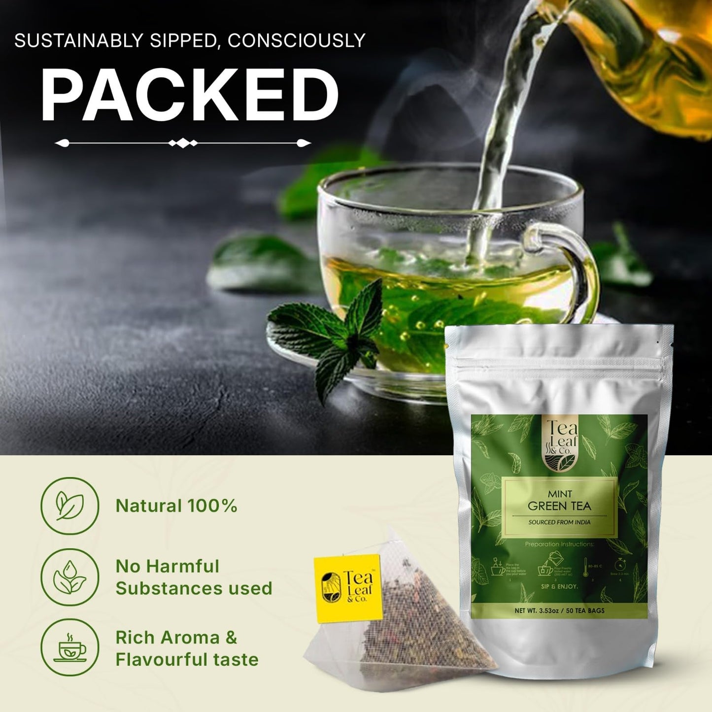 Tea Leaf & Co. Mint Green Tea Bags (50), Green Tea w/ Peppermint & Spearmint, Caffeinated, Real & Natural Green Tea, Blended with Fresh Herbs & Spices
