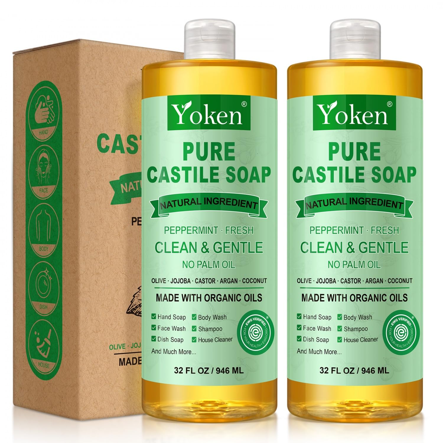 Yoken Peppermint Castile Soap Liquid (EWG Verified, 32 OZ) Made with Certified Organic Oils, Gentle Peppermint Soap for Body Wash, Face, Hands, Dishes, Laundry & More, Vegan Natural Versatile Cleanser
