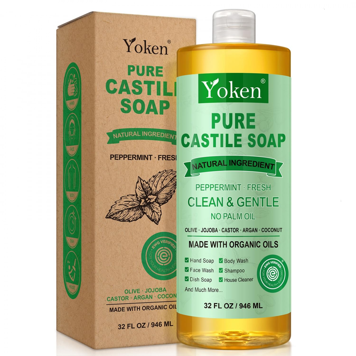Yoken Peppermint Castile Soap Liquid (EWG Verified, 32 OZ) Made with Certified Organic Oils, Gentle Peppermint Soap for Body Wash, Face, Hands, Dishes, Laundry & More, Vegan Natural Versatile Cleanser