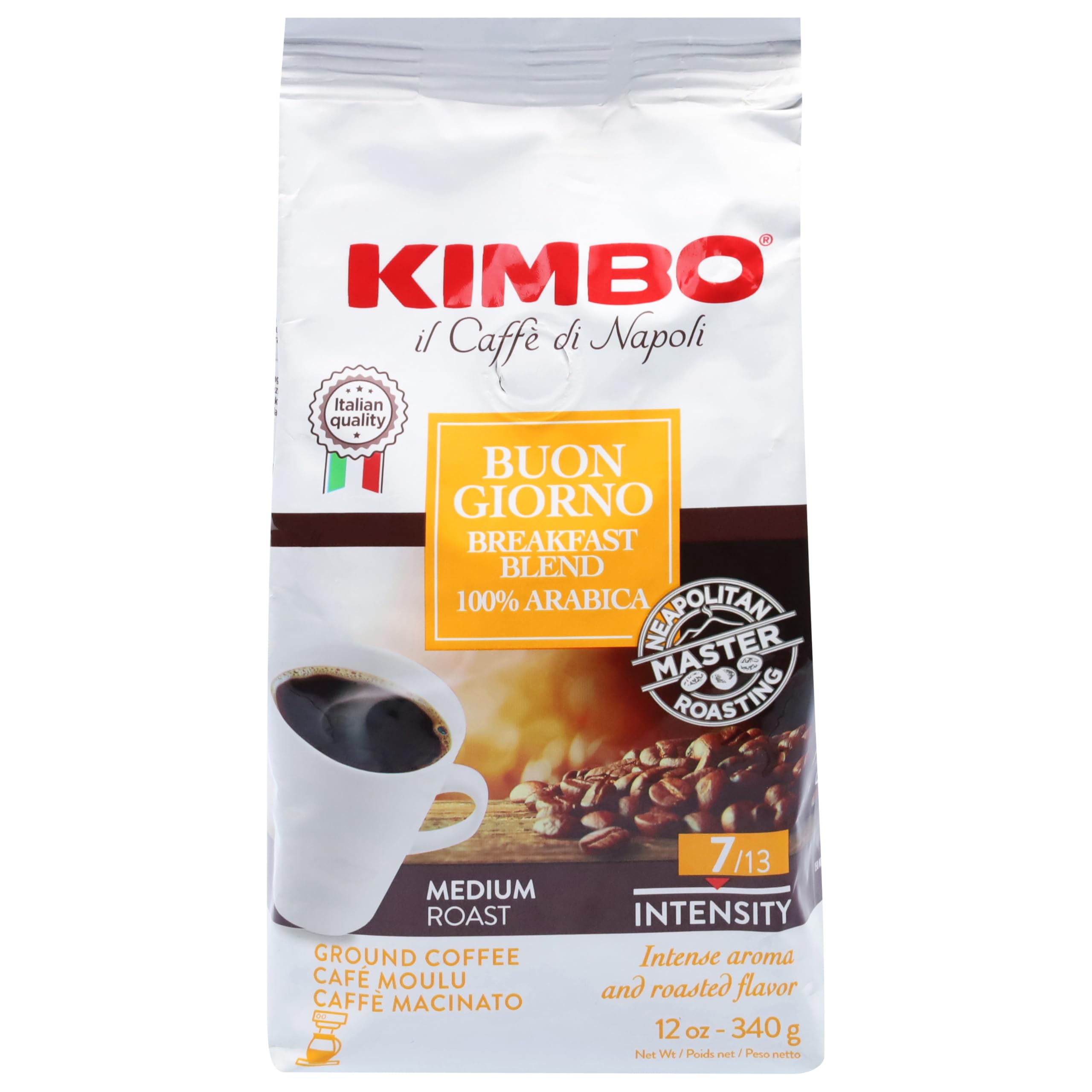 Kimbo Napoli Original Blend 100% Arabica Ground Coffee | 10/13 Intensity | Dark Roast with Floral & Sweet Flavor | 12 oz (340g) bag