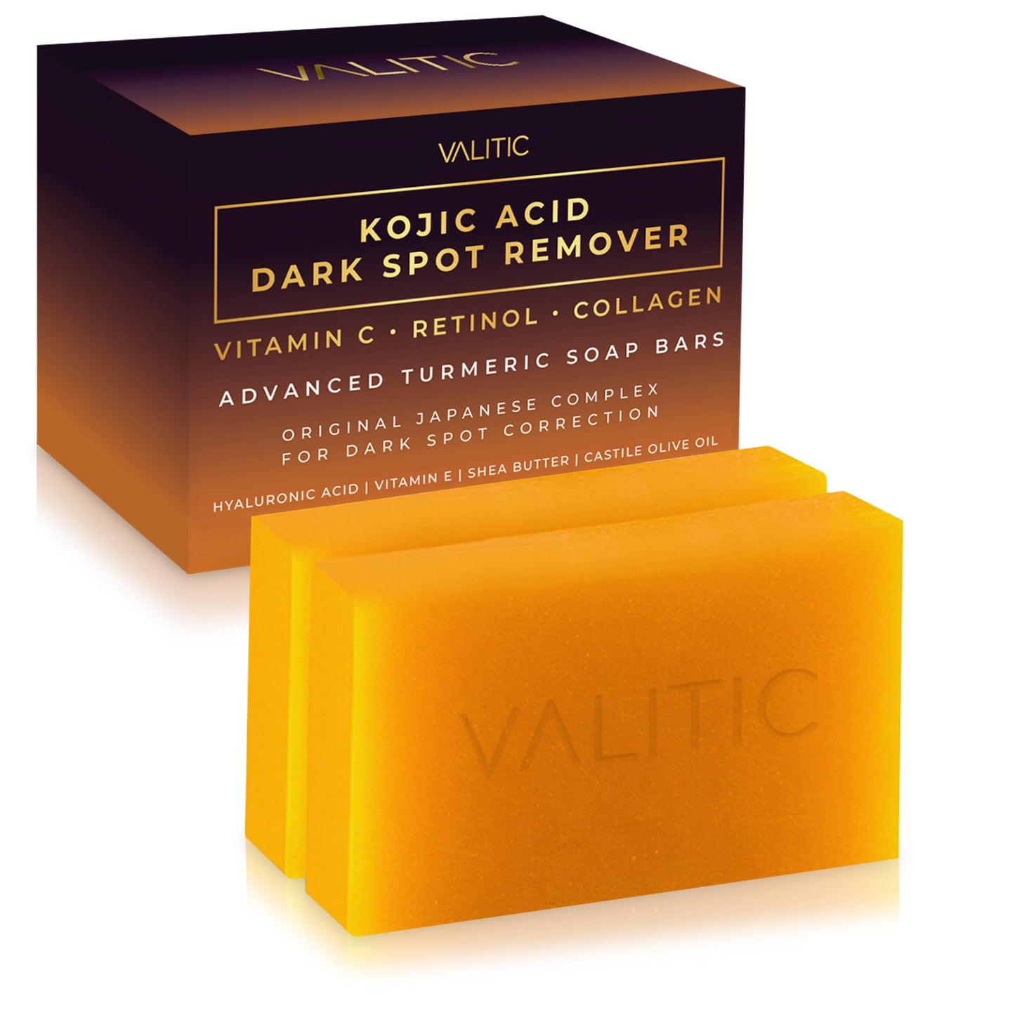 Valitic Kojic Acid Dark Spot Remover Soap Bar with Vitamin C, Retinol, Collagen, Turmeric - Original Japanese Complex - Hyaluronic Acid, Vitamin E, Shea Butter, Castile Oil ( 4 Pack ) With Soap Holder