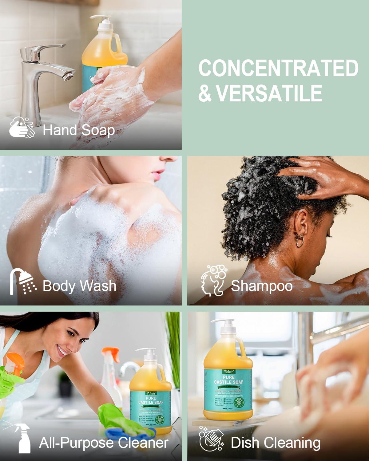 Yoken Peppermint Castile Soap Liquid (EWG Verified, 32 OZ) Made with Certified Organic Oils, Gentle Peppermint Soap for Body Wash, Face, Hands, Dishes, Laundry & More, Vegan Natural Versatile Cleanser