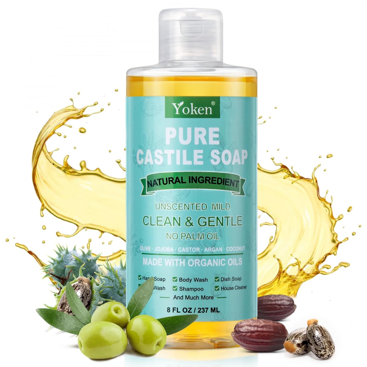 Yoken Peppermint Castile Soap Liquid (EWG Verified, 32 OZ) Made with Certified Organic Oils, Gentle Peppermint Soap for Body Wash, Face, Hands, Dishes, Laundry & More, Vegan Natural Versatile Cleanser