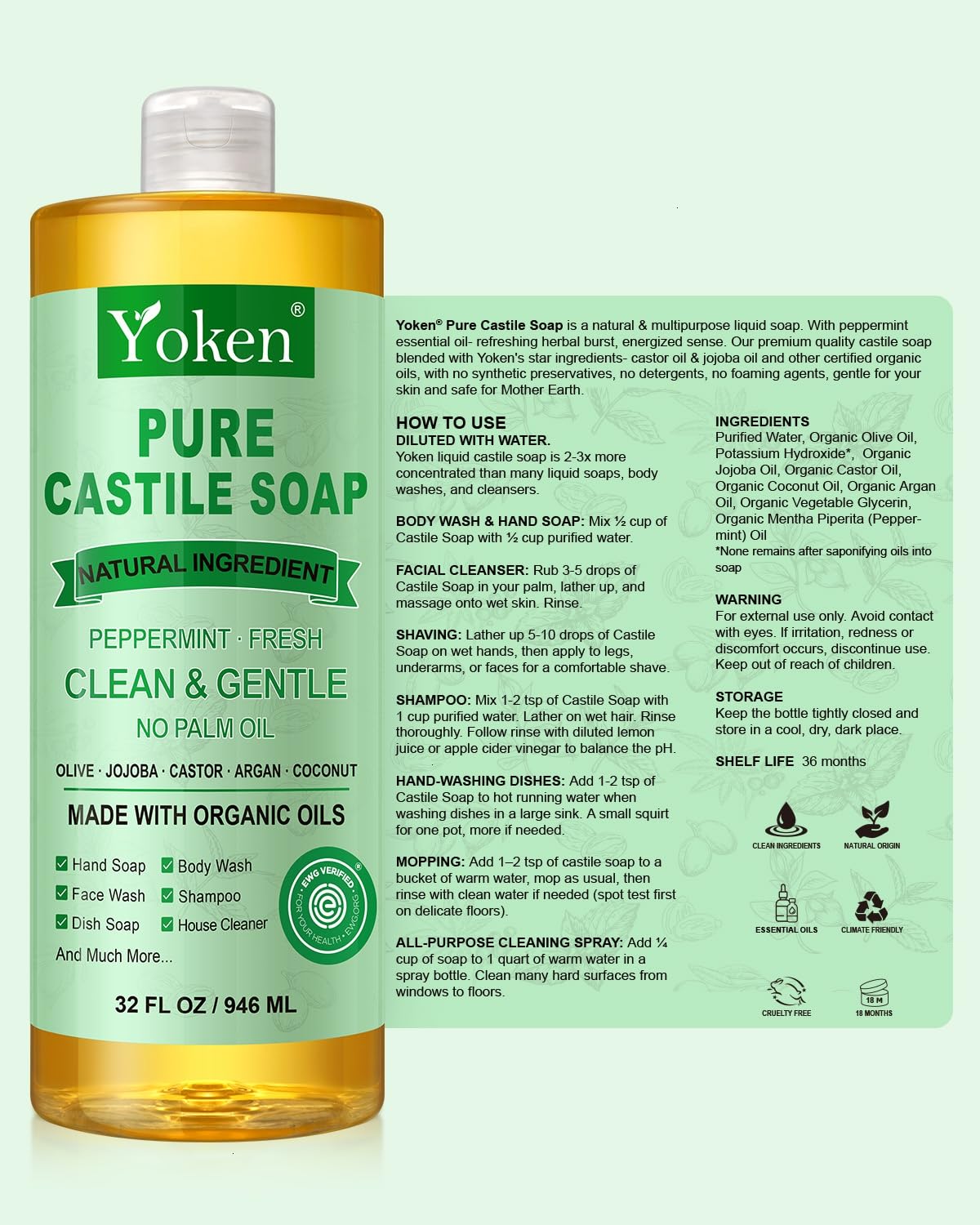 Yoken Peppermint Castile Soap Liquid (EWG Verified, 32 OZ) Made with Certified Organic Oils, Gentle Peppermint Soap for Body Wash, Face, Hands, Dishes, Laundry & More, Vegan Natural Versatile Cleanser