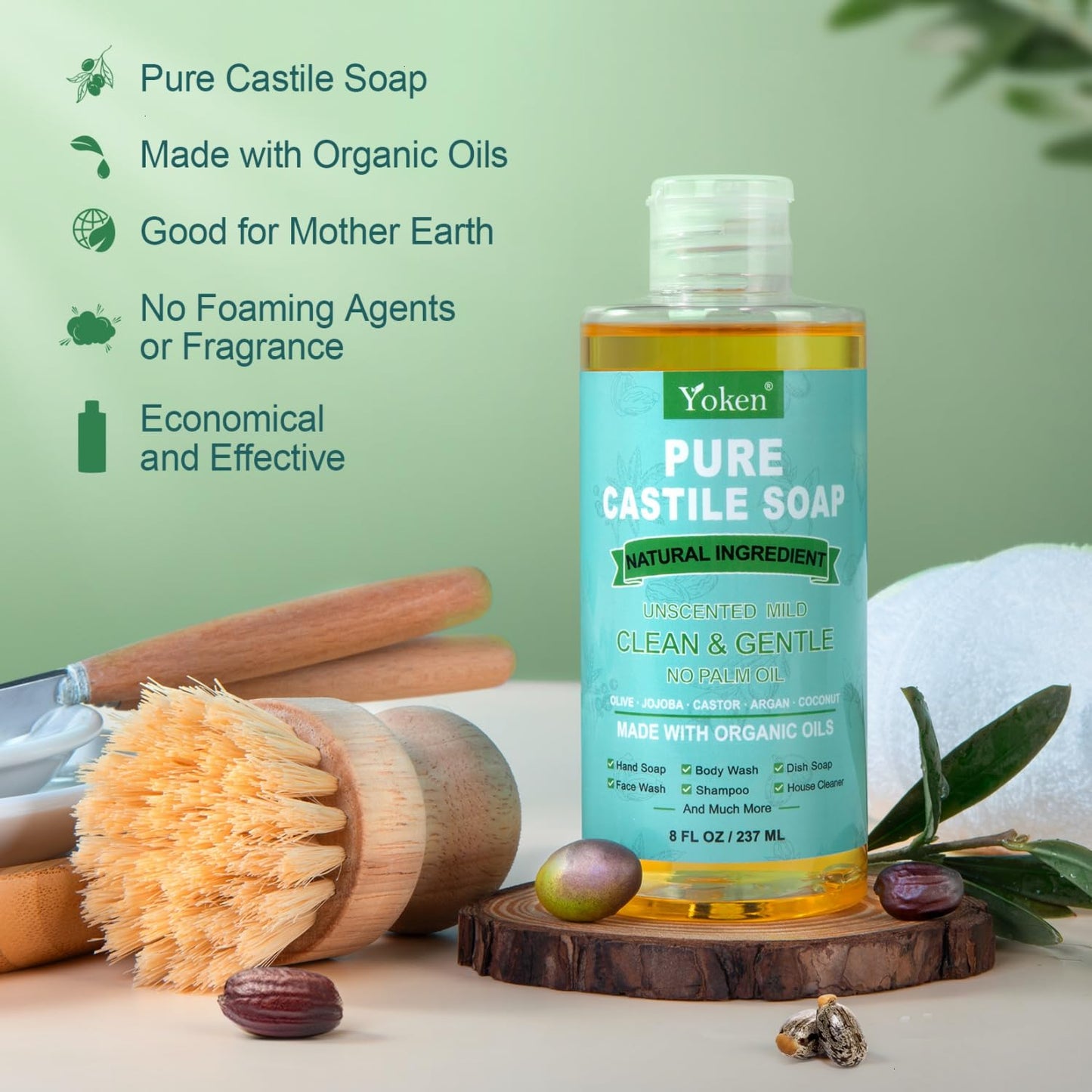 Yoken Peppermint Castile Soap Liquid (EWG Verified, 32 OZ) Made with Certified Organic Oils, Gentle Peppermint Soap for Body Wash, Face, Hands, Dishes, Laundry & More, Vegan Natural Versatile Cleanser