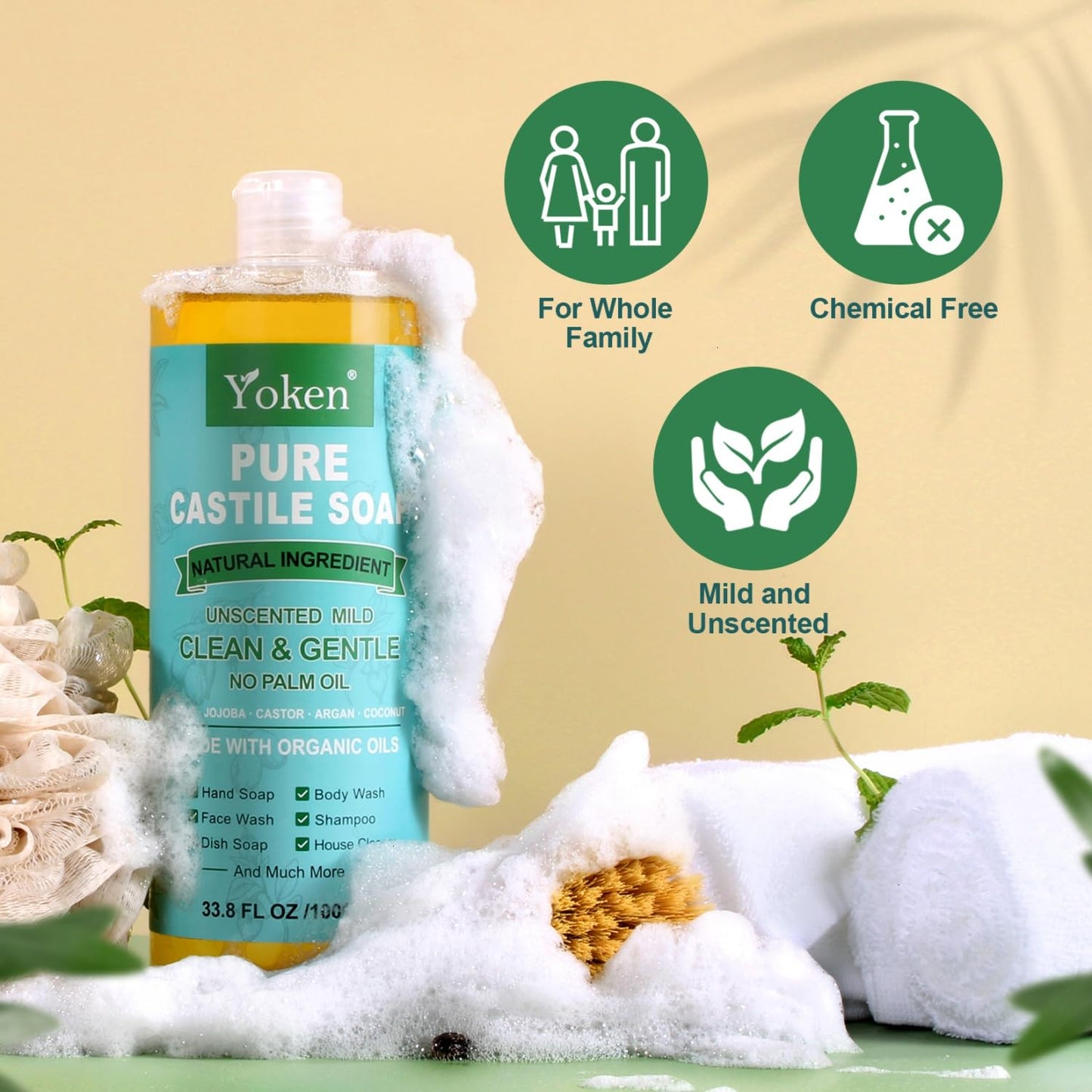 Yoken Peppermint Castile Soap Liquid (EWG Verified, 32 OZ) Made with Certified Organic Oils, Gentle Peppermint Soap for Body Wash, Face, Hands, Dishes, Laundry & More, Vegan Natural Versatile Cleanser