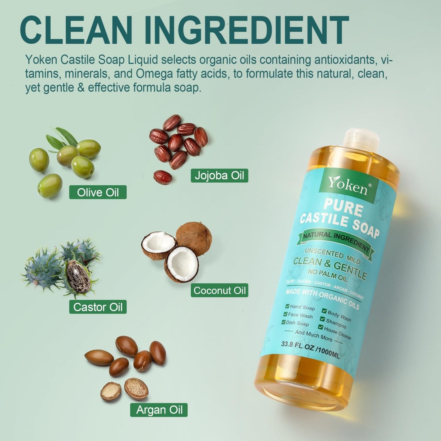 Yoken Peppermint Castile Soap Liquid (EWG Verified, 32 OZ) Made with Certified Organic Oils, Gentle Peppermint Soap for Body Wash, Face, Hands, Dishes, Laundry & More, Vegan Natural Versatile Cleanser