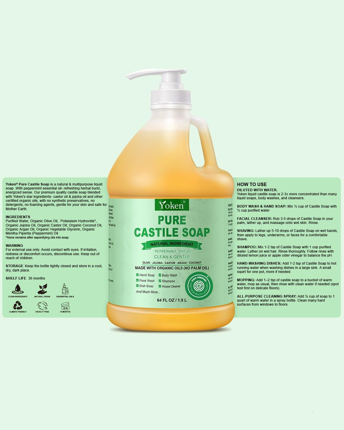 Yoken Peppermint Castile Soap Liquid (EWG Verified, 32 OZ) Made with Certified Organic Oils, Gentle Peppermint Soap for Body Wash, Face, Hands, Dishes, Laundry & More, Vegan Natural Versatile Cleanser
