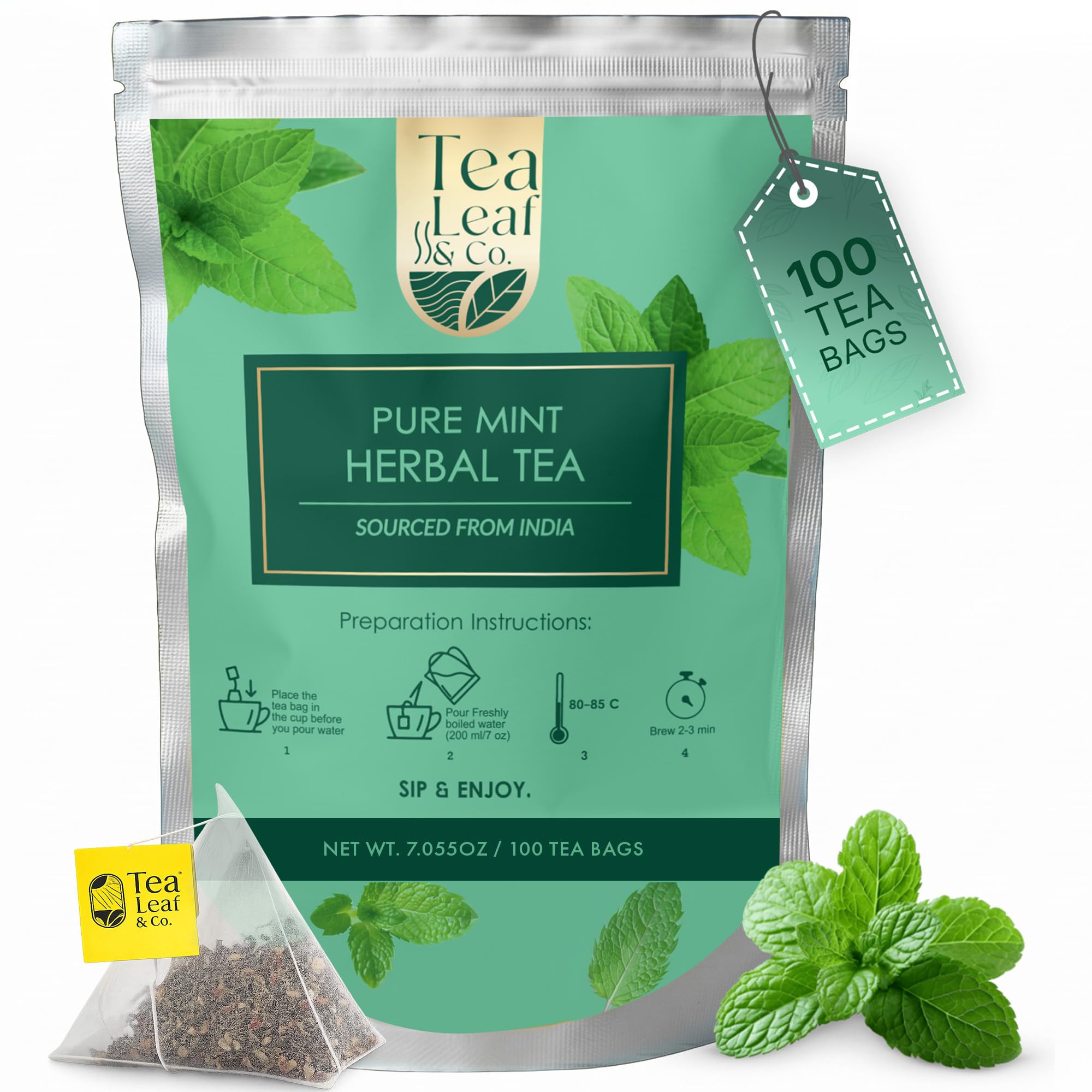 Tea Leaf & Co. Mint Green Tea Bags (50), Green Tea w/ Peppermint & Spearmint, Caffeinated, Real & Natural Green Tea, Blended with Fresh Herbs & Spices