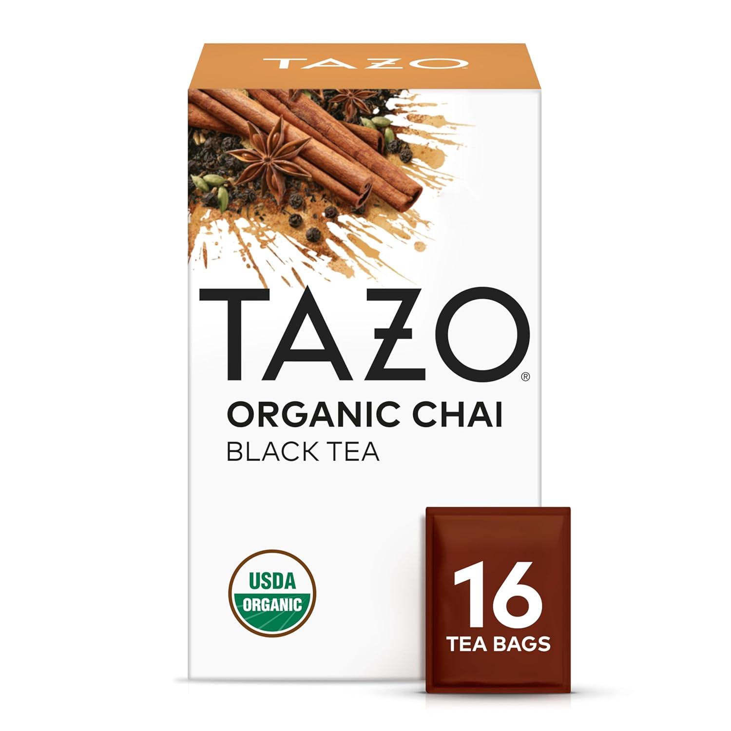 TAZO Organic Chai Black Tea Bags, Blend of Black Teas, Ginger, Cinnamon, Black Pepper & Cardamom, 96 Total Tea Bags (16ct - Pack of 6)