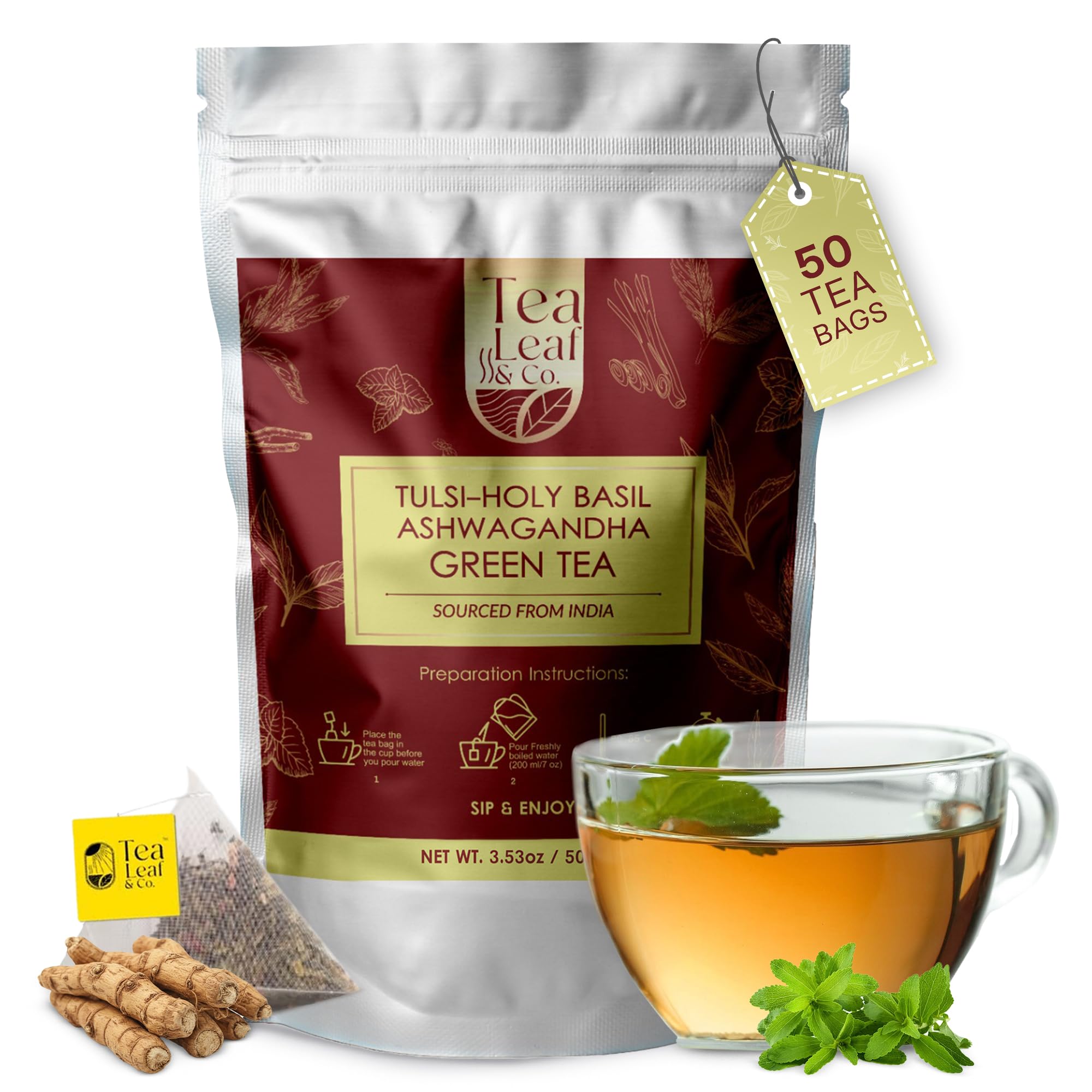 Tea Leaf & Co. Mint Green Tea Bags (50), Green Tea w/ Peppermint & Spearmint, Caffeinated, Real & Natural Green Tea, Blended with Fresh Herbs & Spices