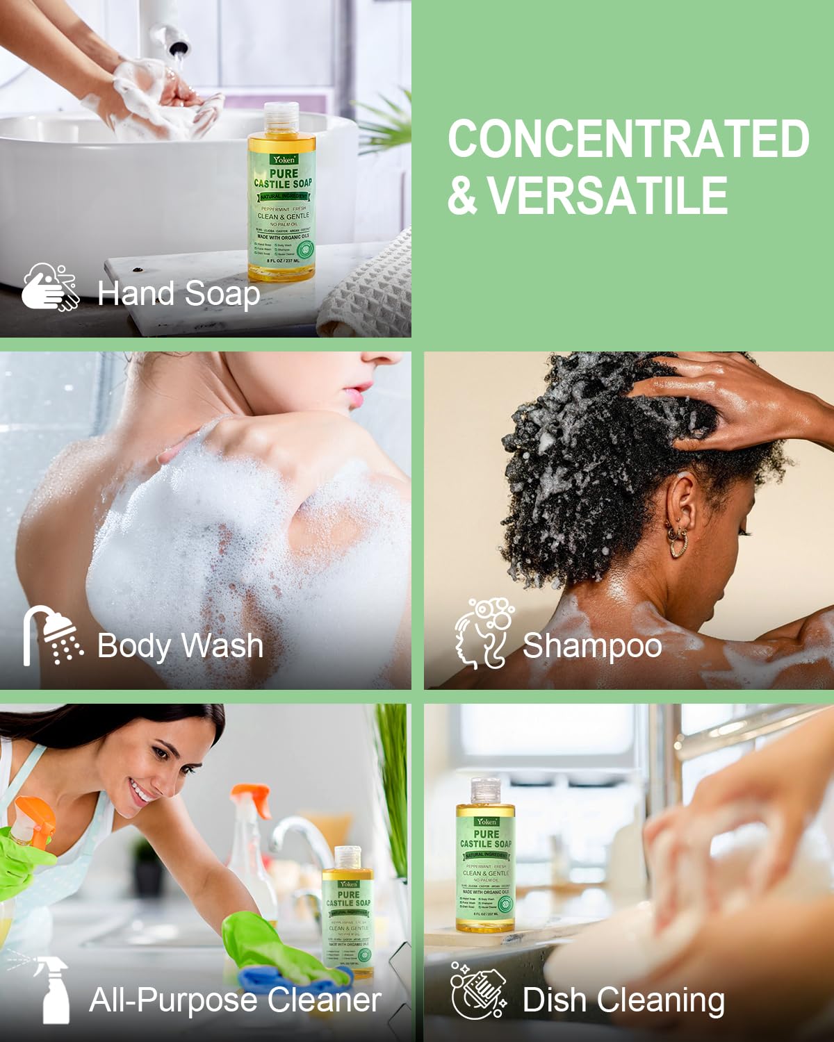 Yoken Peppermint Castile Soap Liquid (EWG Verified, 32 OZ) Made with Certified Organic Oils, Gentle Peppermint Soap for Body Wash, Face, Hands, Dishes, Laundry & More, Vegan Natural Versatile Cleanser