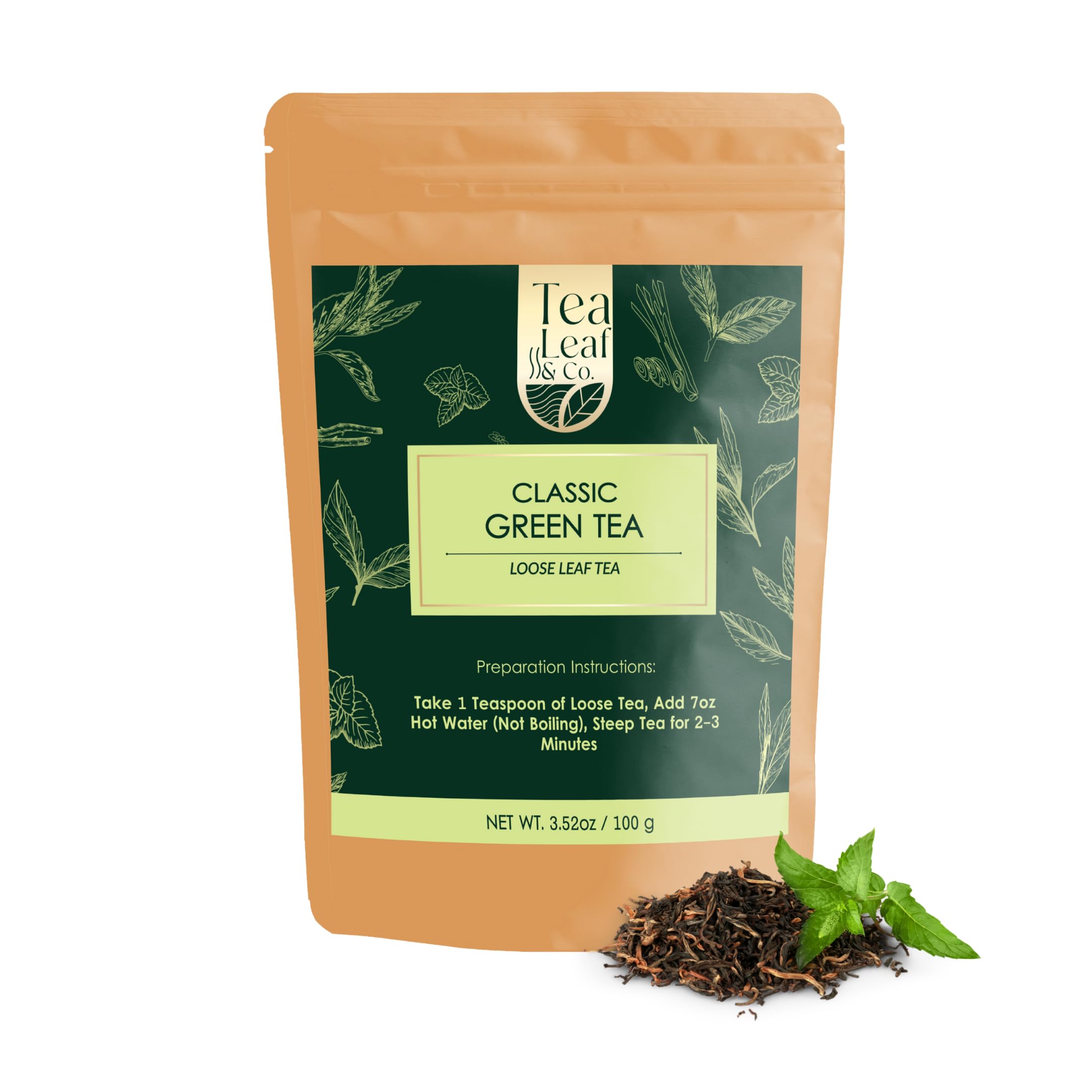 Tea Leaf & Co. Mint Green Tea Bags (50), Green Tea w/ Peppermint & Spearmint, Caffeinated, Real & Natural Green Tea, Blended with Fresh Herbs & Spices