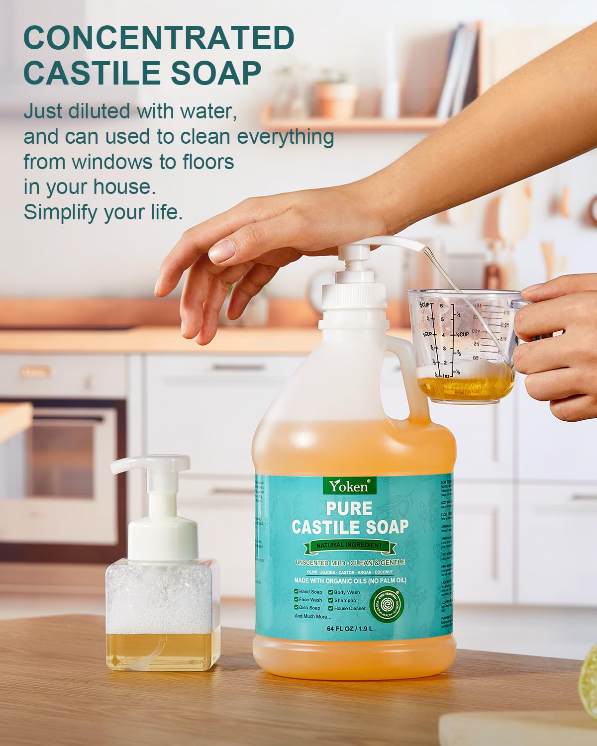 Yoken Peppermint Castile Soap Liquid (EWG Verified, 32 OZ) Made with Certified Organic Oils, Gentle Peppermint Soap for Body Wash, Face, Hands, Dishes, Laundry & More, Vegan Natural Versatile Cleanser
